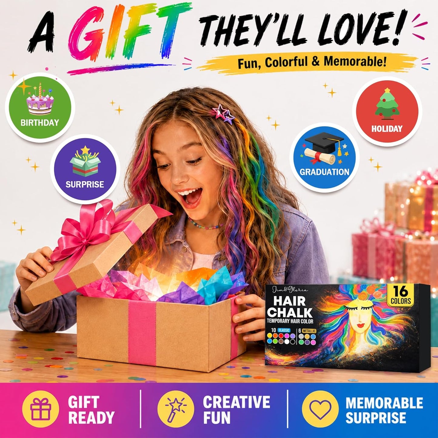 Hair Chalk Set - 16 Washable Colors with 6 Metallic Shades | Fun Temporary Hair Color for Teens & Tweens