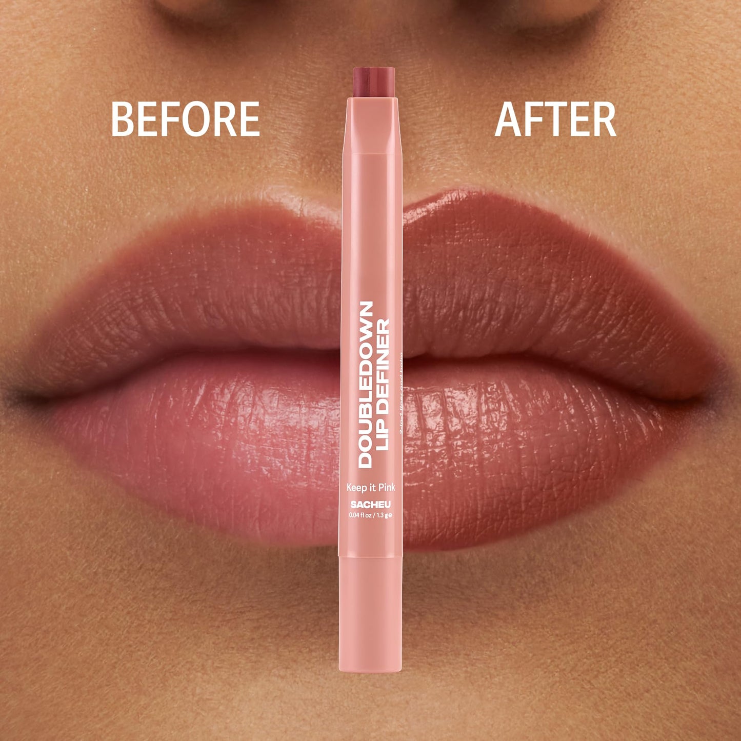 Sacheu DoubleDown Lip Definer, 2-in-1 Lip Liner & Balm — Hydrating Korean Makeup Lipstick with Pigmented, Buildable Color, Creamy Satin Finish, Avocado Oil, Rosehip Oil & Vitamin E (Keep it Pink)
