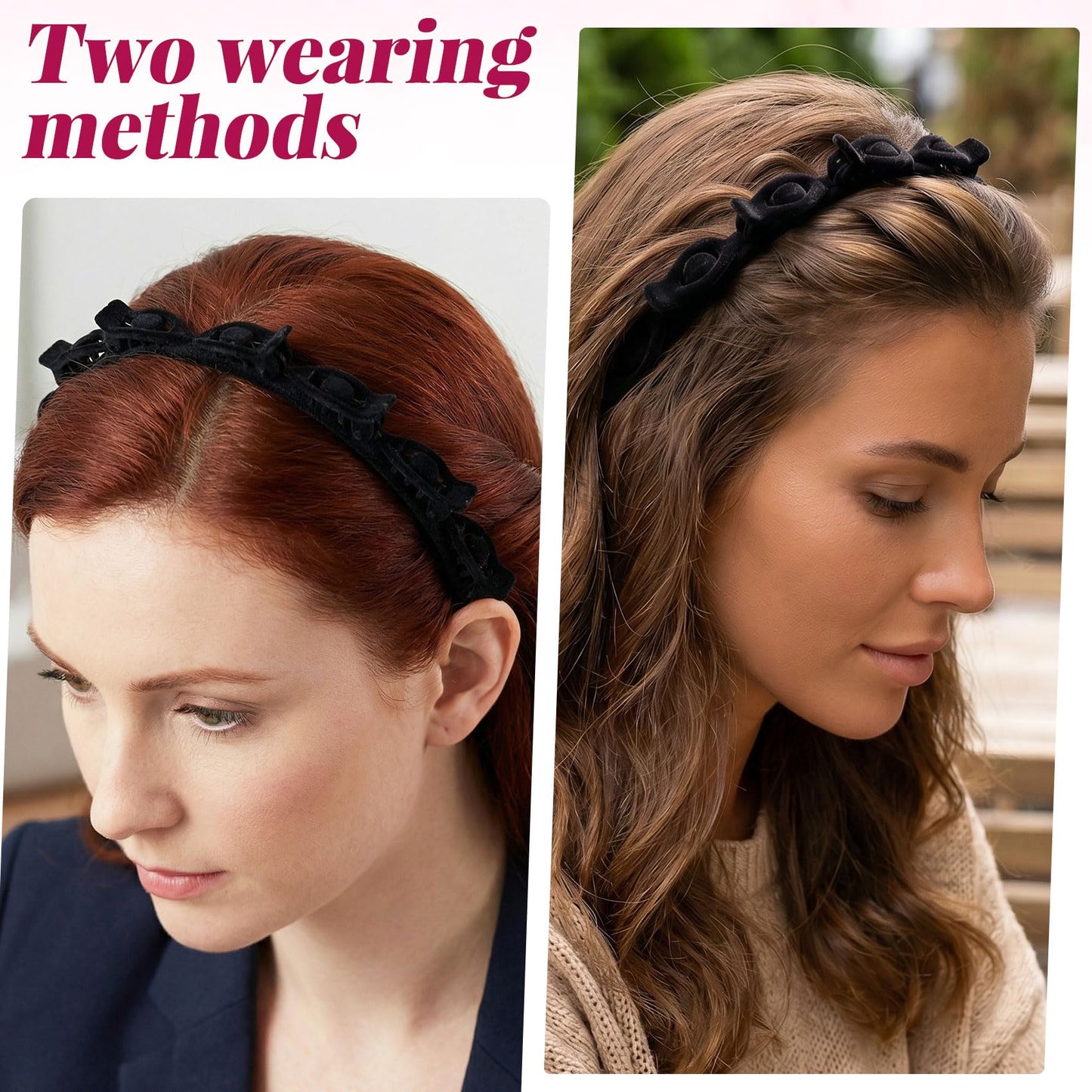 YALOJE 2 Pcs Headband with Clips, 90s Butterfly Hair Clips Headband with Teeth for Women, Braided Weave Bangs Non-Slip Clip Headbands Hair Accessories for Styling Decoration- Flocked Black