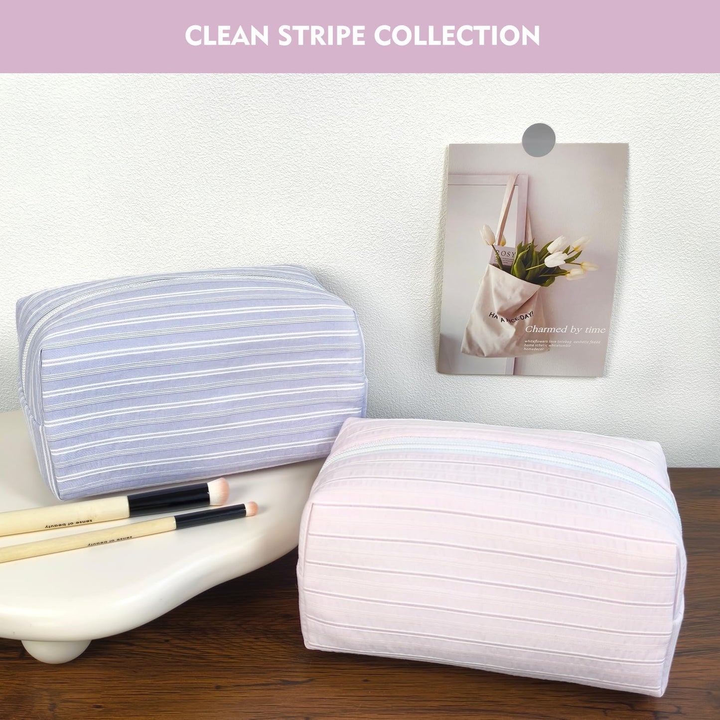 STARDW Striped Cotton Makeup Bag, Cute Cosmetic Pouch with Canvas Lining & Zipper, Travel Toiletry Bag