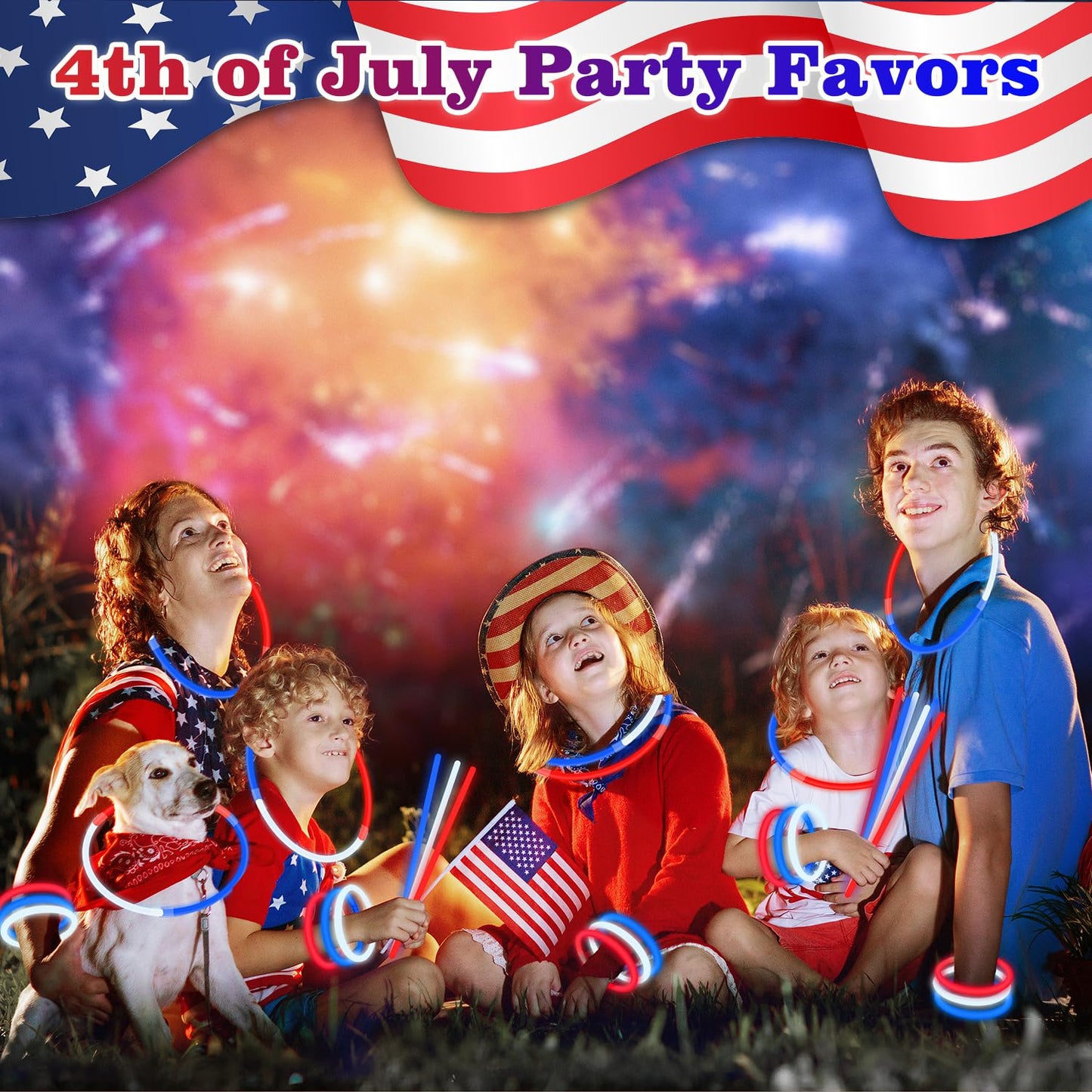 Fourth of July Accessories for Kids, 72-500 PCS Red White Blue Glow Sticks Party Favors Supplies for 250th, Patriotic Treat Goodie Gift Bag Stuffers, Light up Party Toys Stuff Decor for 4th of July