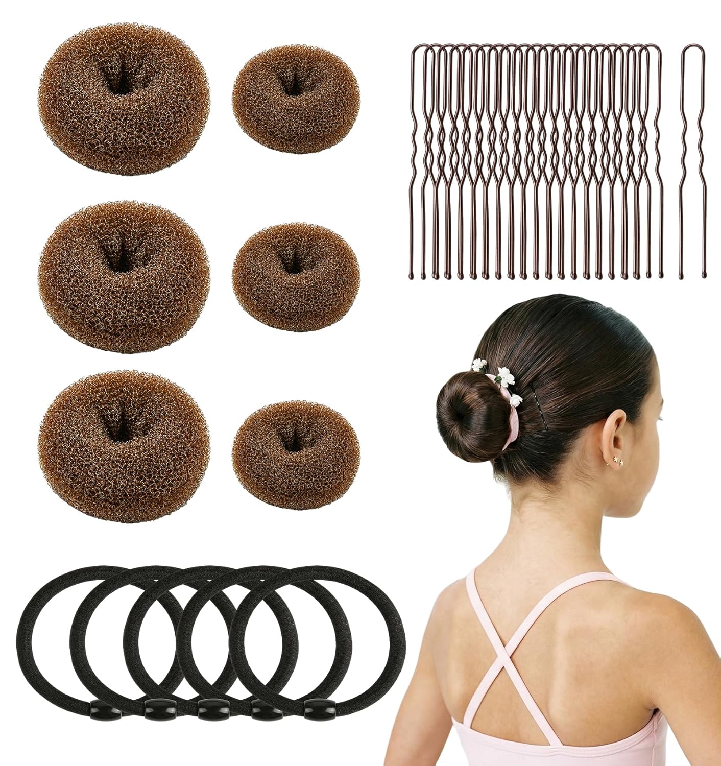 Small Hair Donut Bun Maker - 6 Pcs Set for Thin Hair | 30-Second Chignon Ring with 5 Hair Ties & 20 U Pins (Tan Brown)