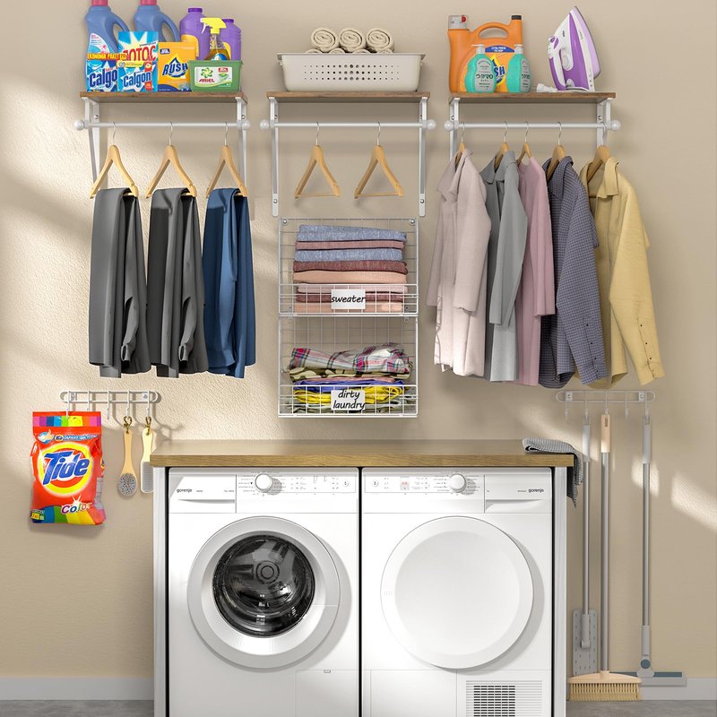 DAOUTIME 2 Set Laundry Room Wall Mounted Shelves With Wire Storage Baskets, Over Washer and Dryer With Hanging Rods and Hooks, for Organization and Storage, White, Wooden