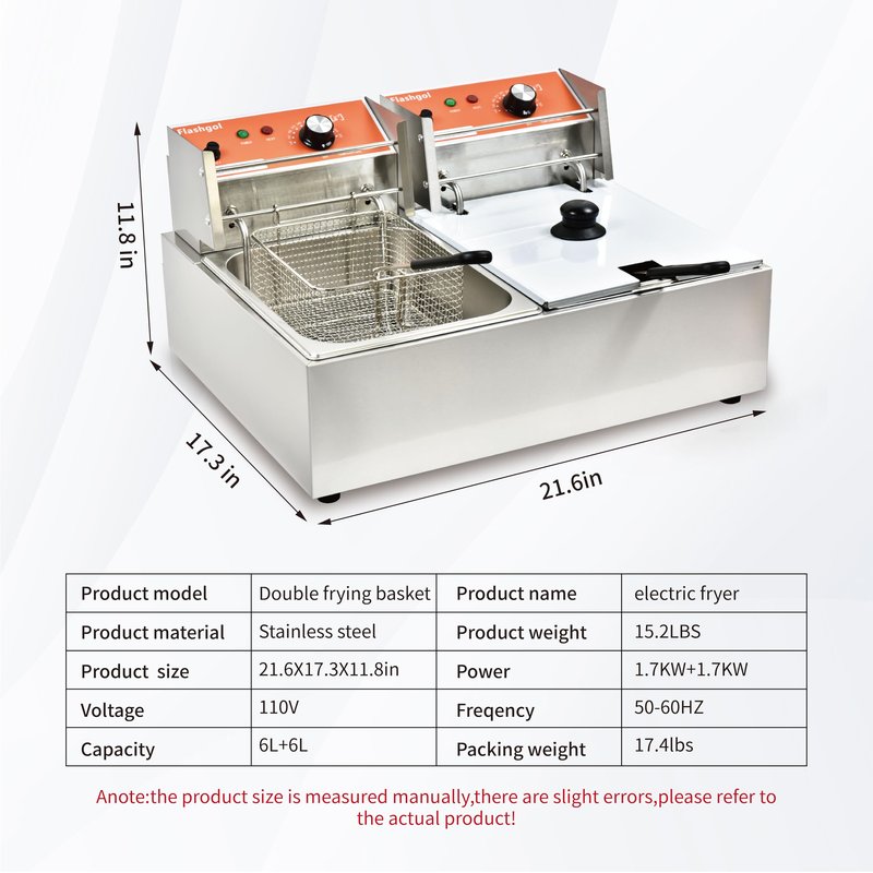 Commercial Deep Fryer with Basket 6-12L Capacity Adjustable Temperature and Timer Stainless Steel With lid Suitable for home/commercial/camping/outdoor (Double fry basket)