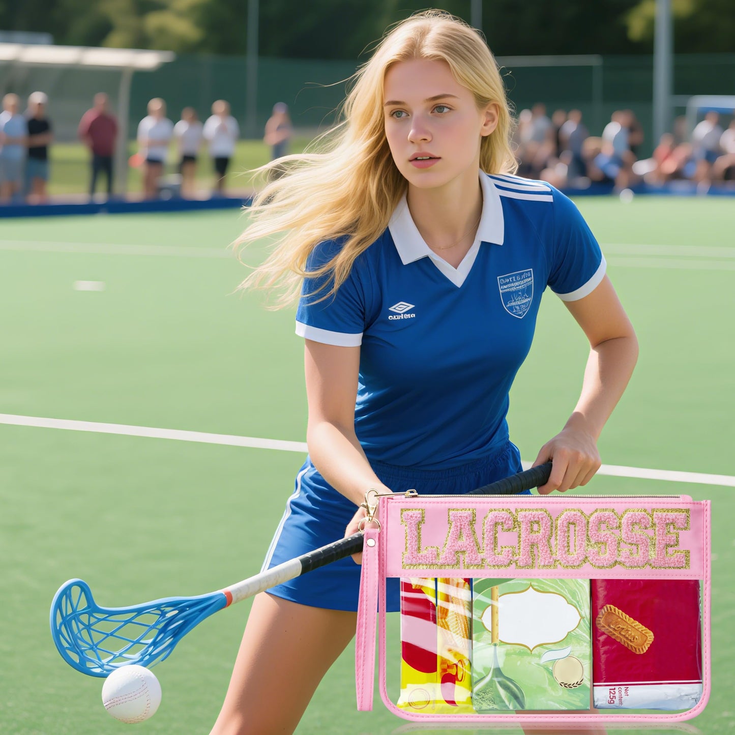 BuyCard 2 Pcs Lacrosse Gifts Makeup Bag with Chenille Letter Patch, Clear Cosmetic Pouch PVC Organizer Purse, Waterproof Travel Bag, Portable Toiletry Storage Bag for Her Girls Friends Women