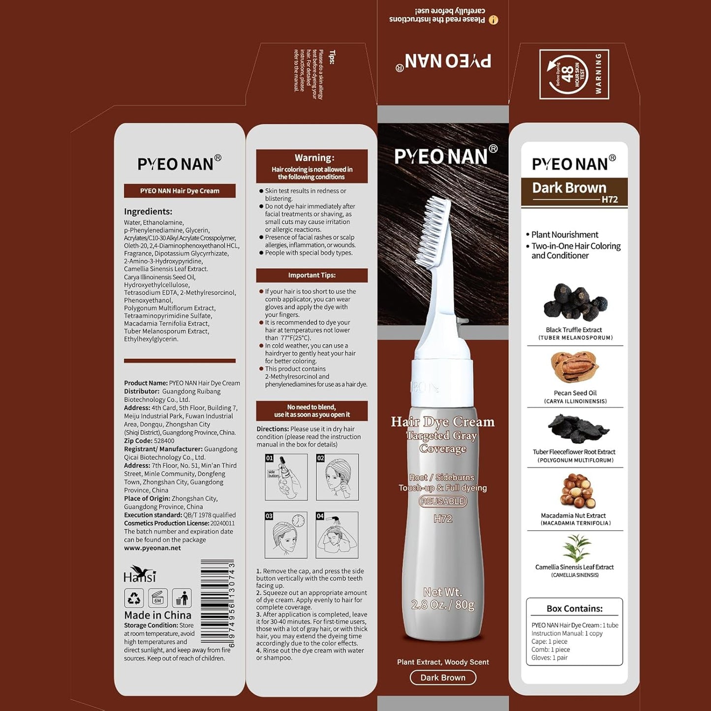 Unisex Hair Dye Cream - Natural Plant Extracts for Targeted Gray Coverage | 2-in-1 Dark Brown Haircare & Touch-Up