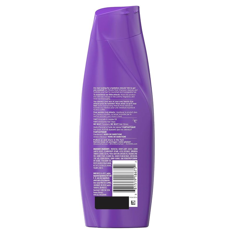 Aussie Miracle Moist Shampoo for Dry Hair - Paraben Free with Avocado & Jojoba | 12.1 Fl Oz