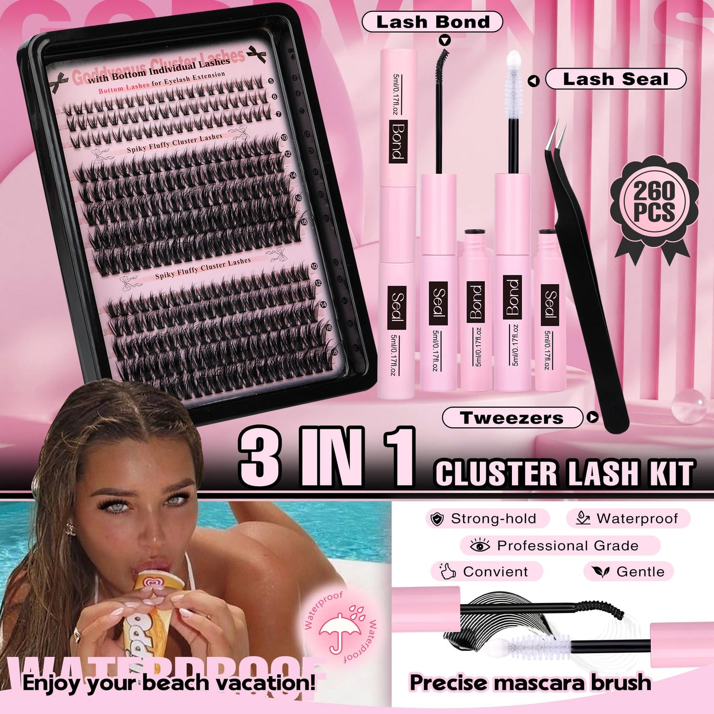 Goddvenus Wispy Lash Clusters Kit Cluster Eyelash Extensions Natural Lash Extension Kit C Curl Fluffy Individual Eyelashes with Bottom Lashes Clusters Waterproof Bond and Seal DIY at Home