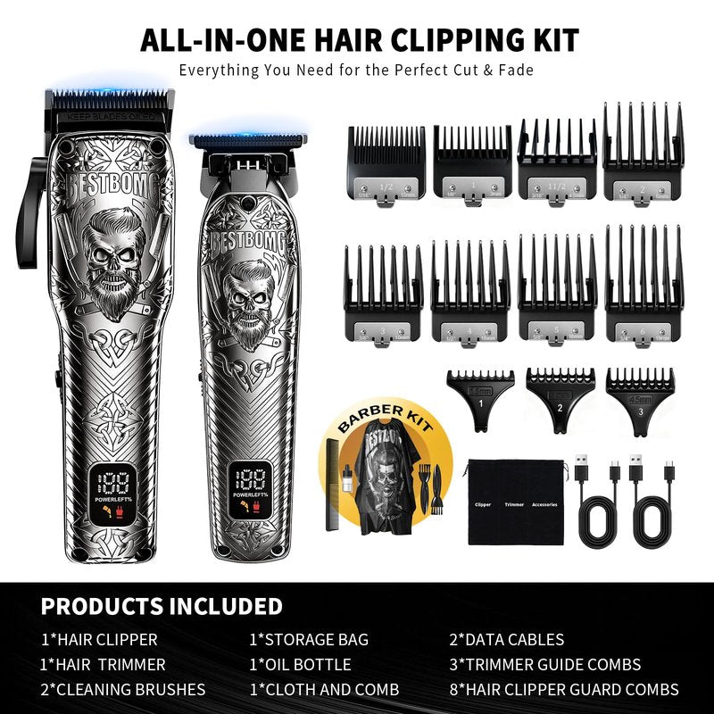 BESTBOMG Professional Cordless Mens Hair Clippers & Beard Trimmer Kits & Sets,Metal Hair Clippers Cutting Grooming Kit with Long Battery Life for Family Barber Use (Gray)