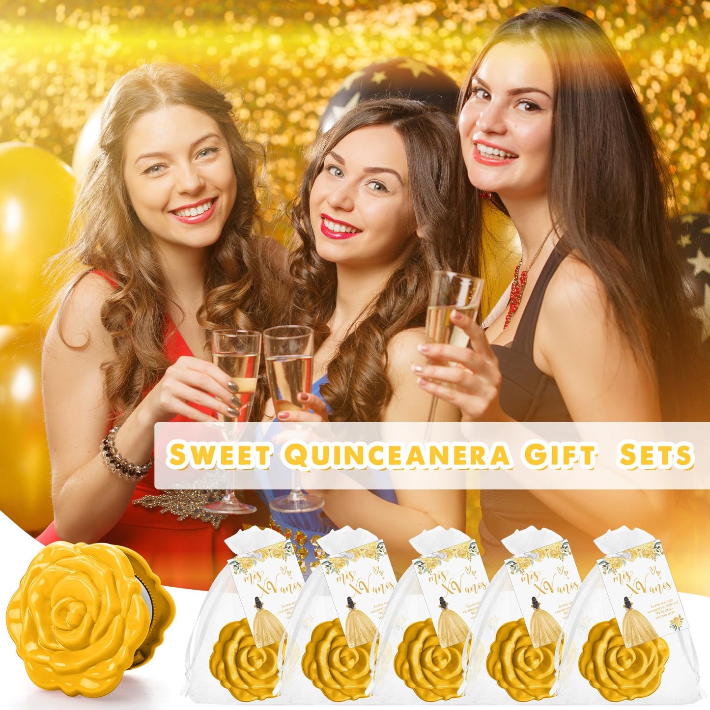 Wenqik 50 Sets Quinceanera Party Favors for Guests Rose Design Compact Pocket Mirrors Quinceanera Cards Thank You Gift and Organza Bags Birthday Party Favor (Gold)