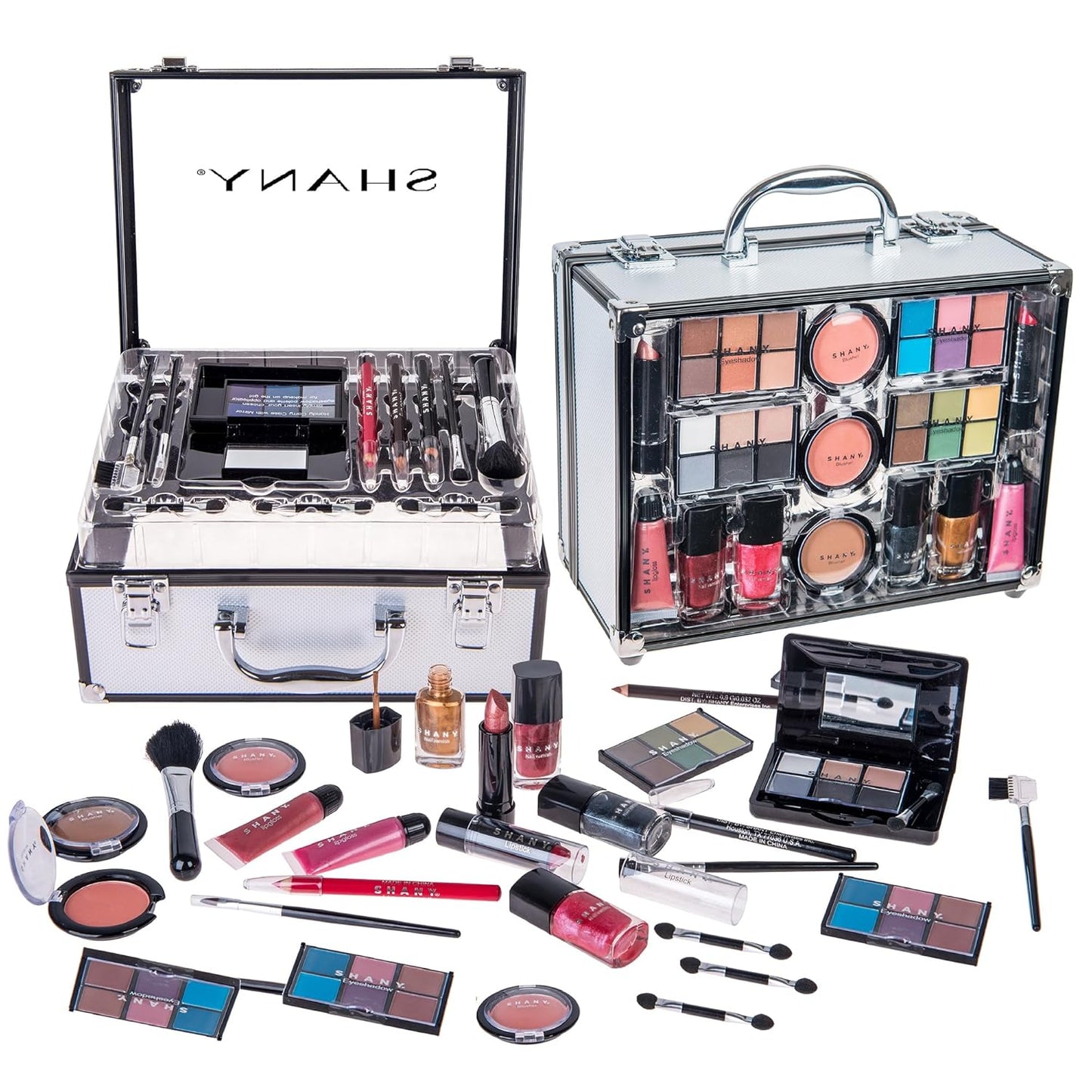 SHANY Makeup Train Case - Reusable Aluminum Organizer with Eye Palettes, Blushes & Brushes | Gift Set