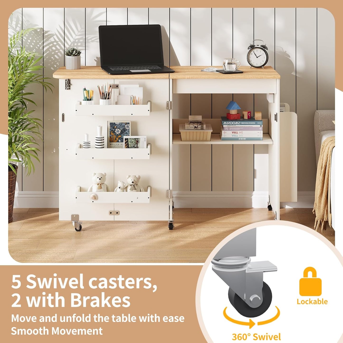 Sewing Table with Storage - Folding Design with Charging Station & Lockable Casters | White