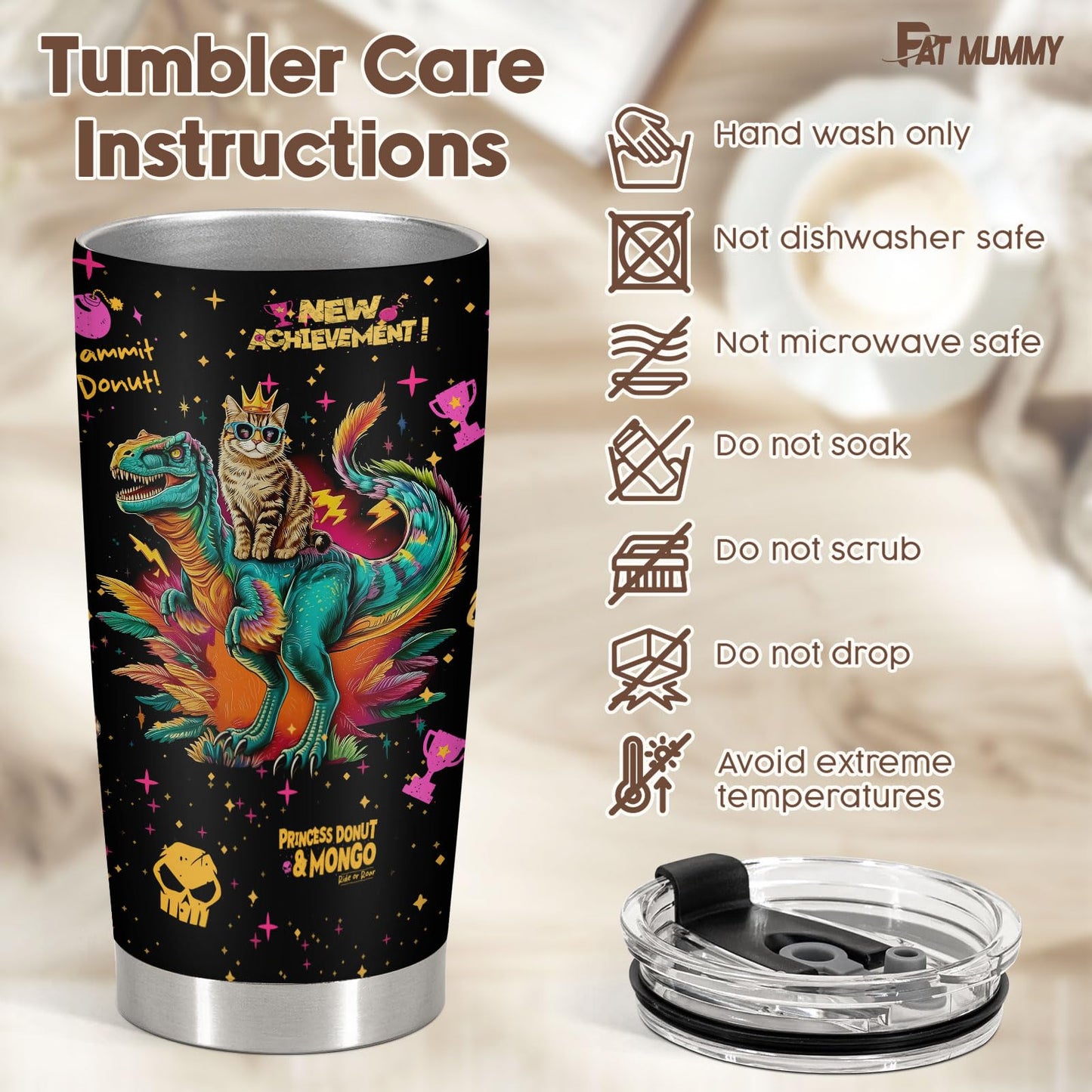 fat mummy Cat Dragon Tumbler Stainless Steel Insulated Travel Mug Gamer Book Lover Cup Funny Dungeon Style Gift for Men Women Mothers day