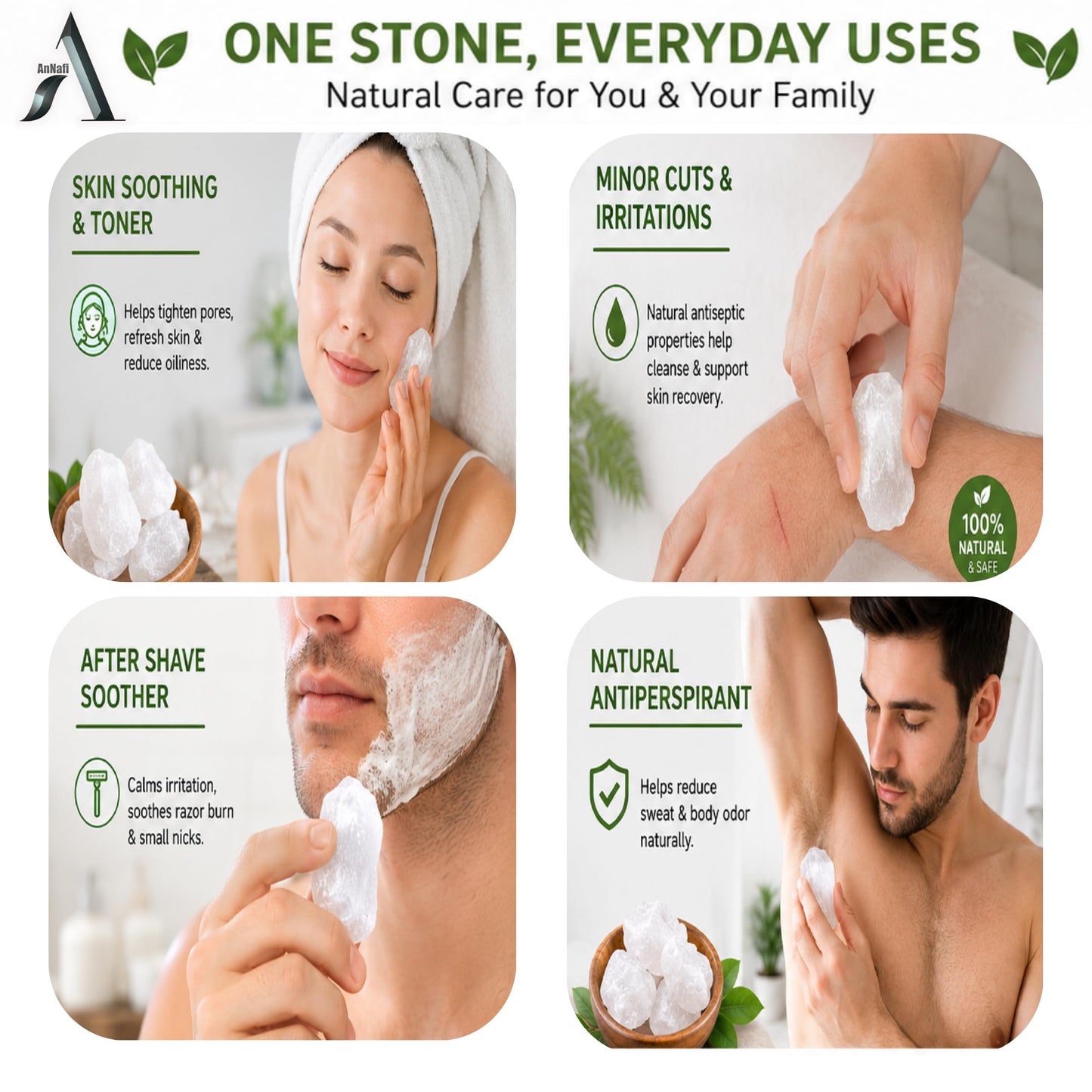 AnNafi® Natural Alum Stone Block | White Alum Crystal Rock | Phitkari Stone | Piedra de Alumbre | Tawas Mineral Crystal Chunks | Traditional Grooming & Household Mineral Stone 1000 Grams (35 OZ)