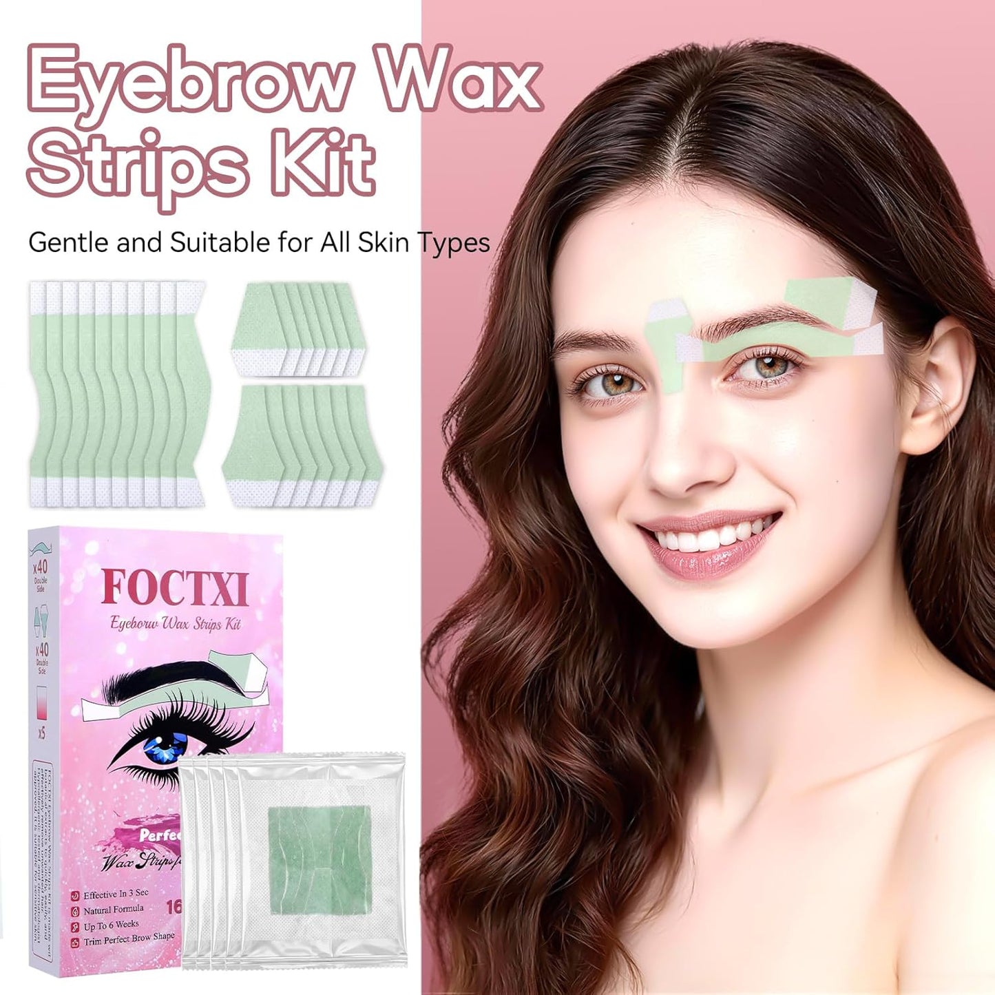 Facial Wax Strips Kit - 80 Hypoallergenic Eyebrow Wax Strips for Hair Removal | 5 Calming Oil Wipes Included, All Skin Types