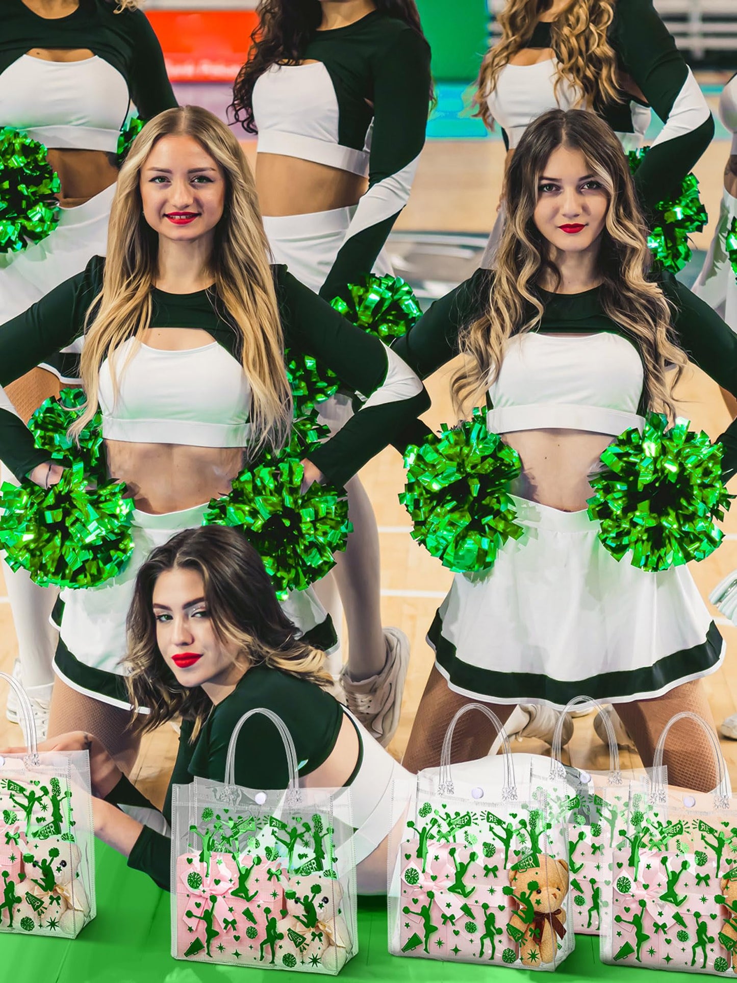 Sweetude 24 Pcs Cheer Clear Treat Bags with Handles for Cheer Team Cheerleader Gift Bag Bulk Cheerleader Party Supplies(Green)