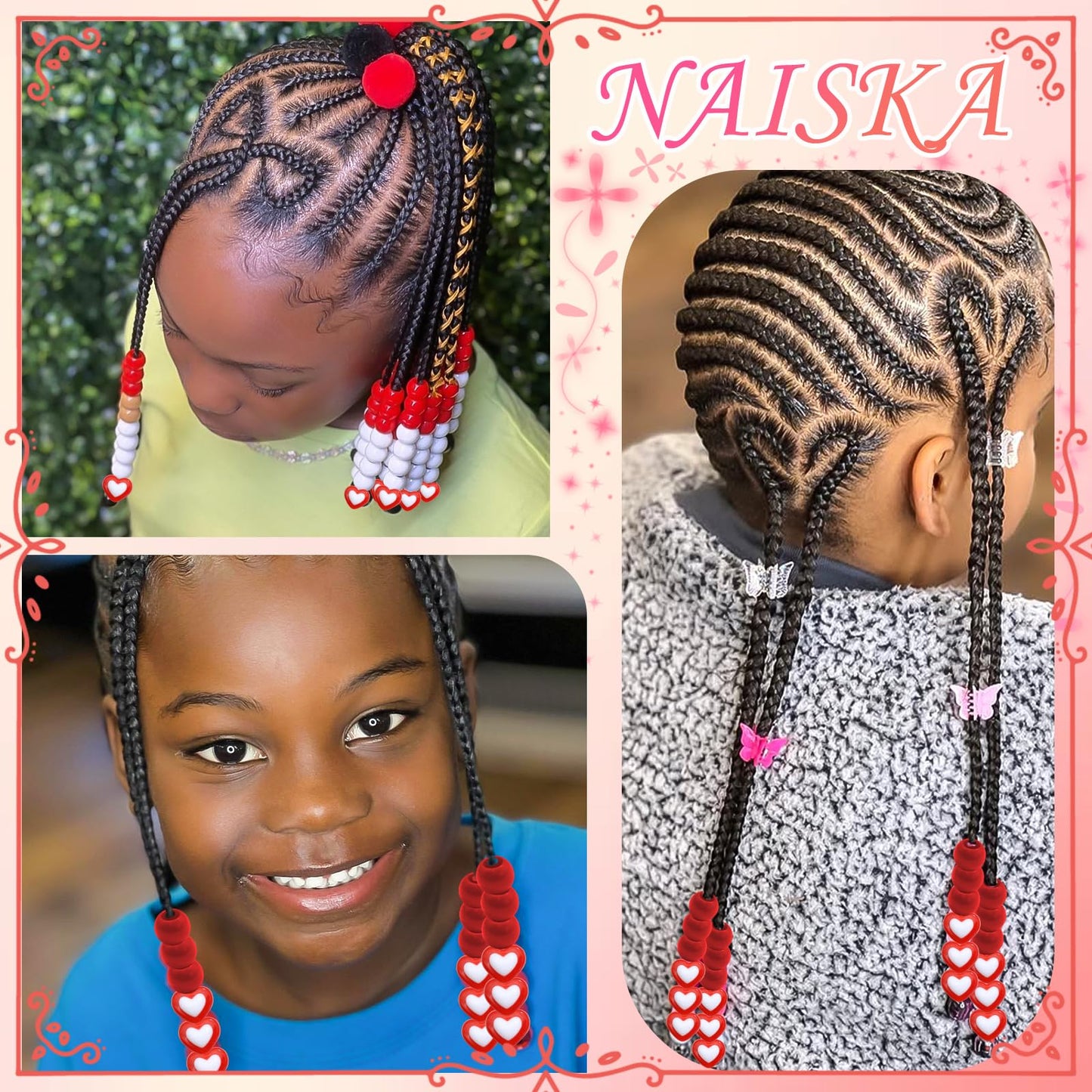 NAISKA 60PCS Valentine's Day Heart Hair Beads for Braids Red Pony Bead Loc Dreadlock Beads Kids Girls Acrylic Loc Jewelry Valentine's Day Hair Accessories