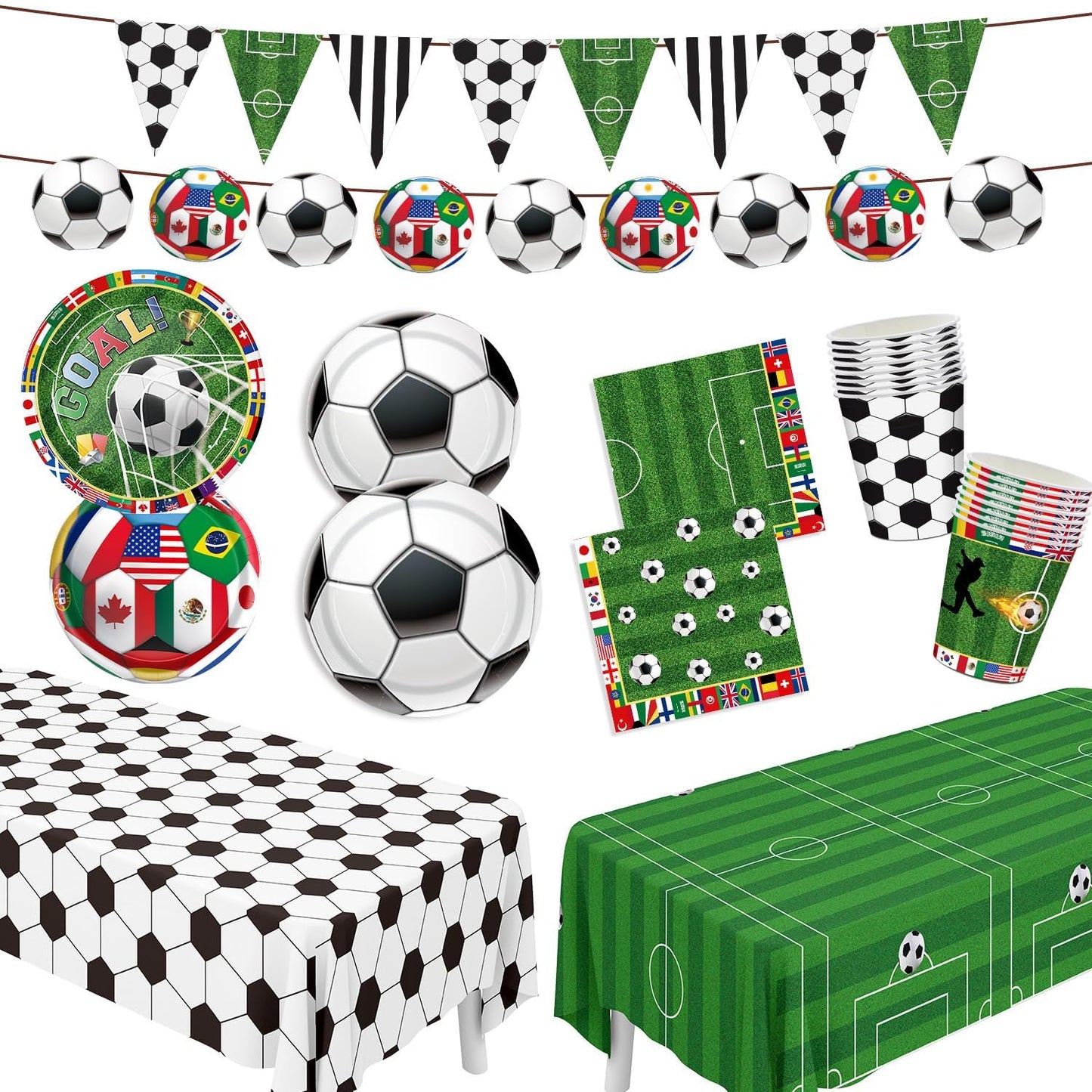 Soccer Party Supplies Decorations Kit for 24 Guests-The 23rd World Cup Design Dinnerware-Plates(9&7in) Napkins Cups Cutlery 2 Tablecloths & Soccer Pennant Flags Banner for Party, World Cup, Birthday