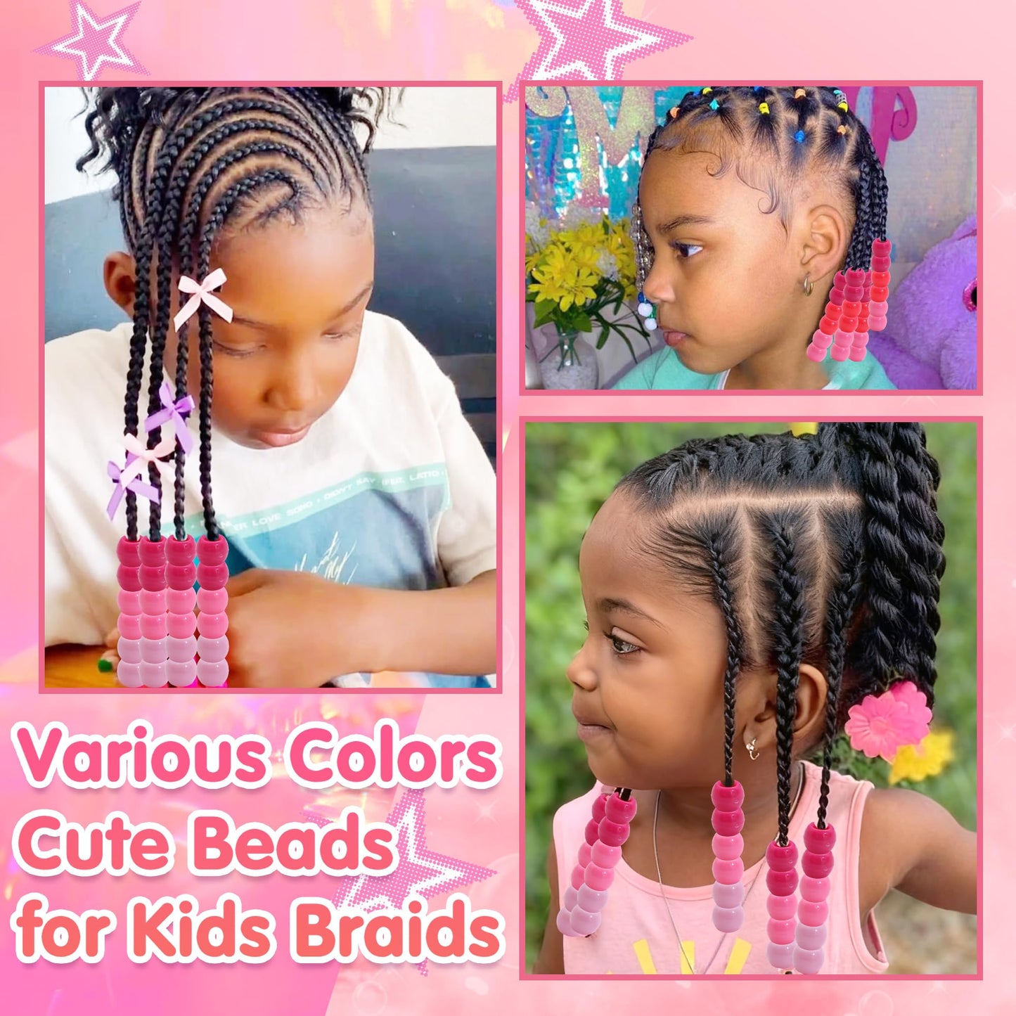 NAISKA 60PCS Pink Hair Beads Large Hole Bead for Hair 5 Colors Acrylic Round Dreadlock Beads Gradient Pink Braids Accessories for Kids Girls