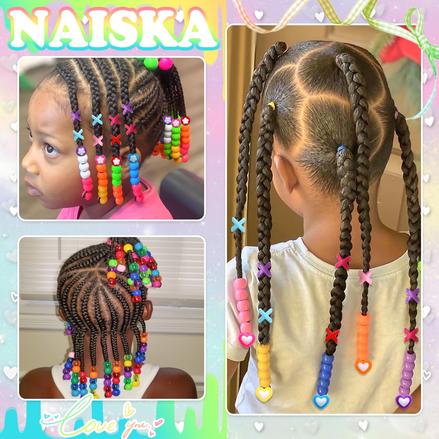 NAISKA 80PCS Colorful Braids Beads Cute Heart Flower Beads for Hair Braids Kids Random Pony Bead Set Acrylic Loc Dreadlock Jewelry Accessories for Girls