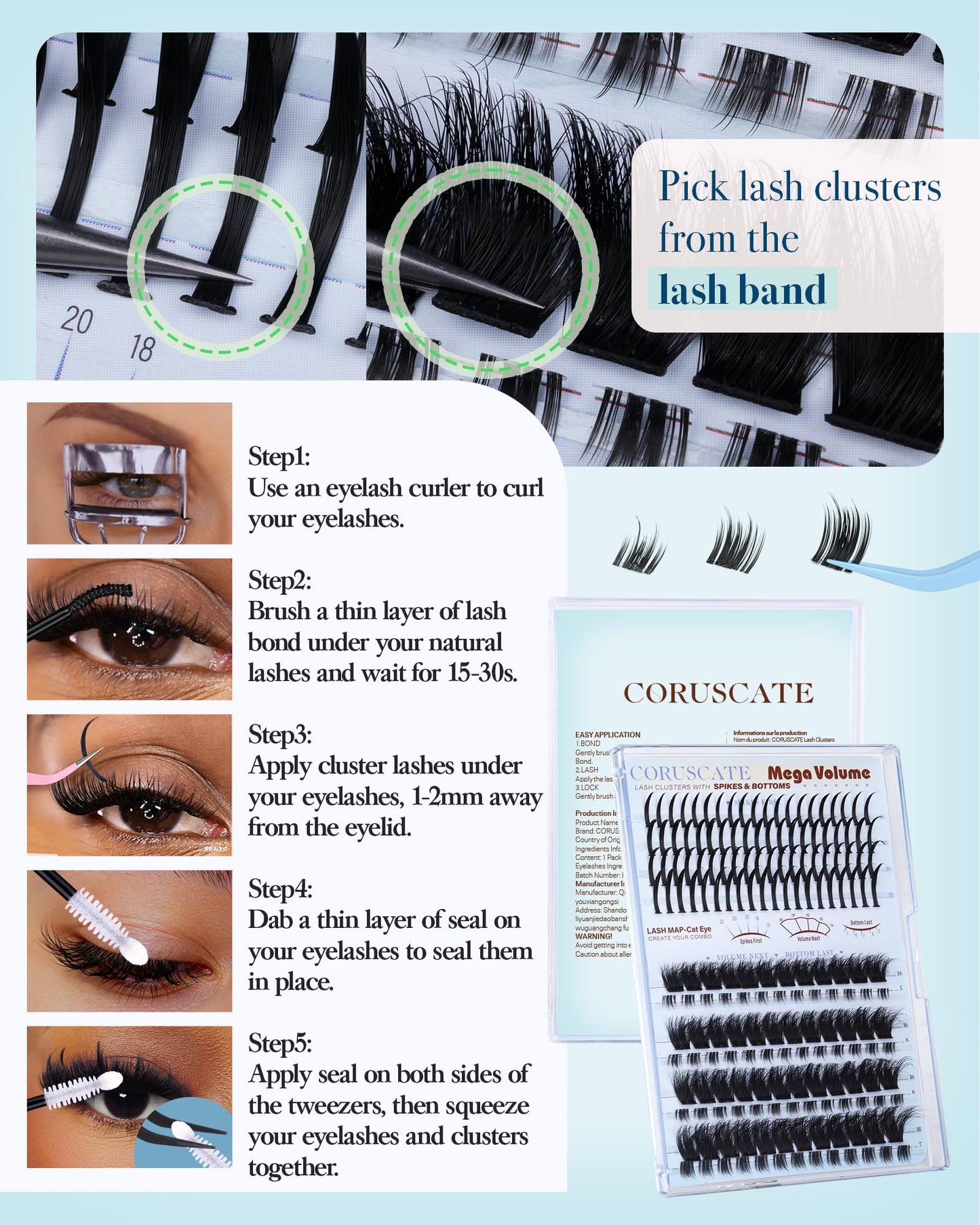 CORUSCATE Lash Clusters with Spikes & Bottom Lashes 200D Eyelash Clusters Mega Volume Cluster Eyelash Extensions Fairy Spike Lashes Mink Bottom Individual Lash Extension for Full Glam Dramatic