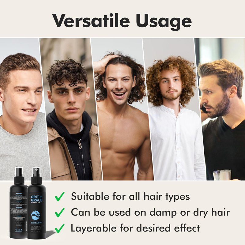 Aberlite Grit+Grace Sea Salt Spray for Men & Women Beach Look - Hair Texture Styling Product for Beach Waves - Curly & Wavy Hair Texture Spray (6 FL OZ)