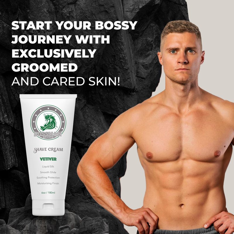 Bossman Liquid Silk Shave Cream for Men – Sensitive Skin Formula, Smooth Glide, & Soothing Protection – Moisturizing Finish (Vetiver X Scent)