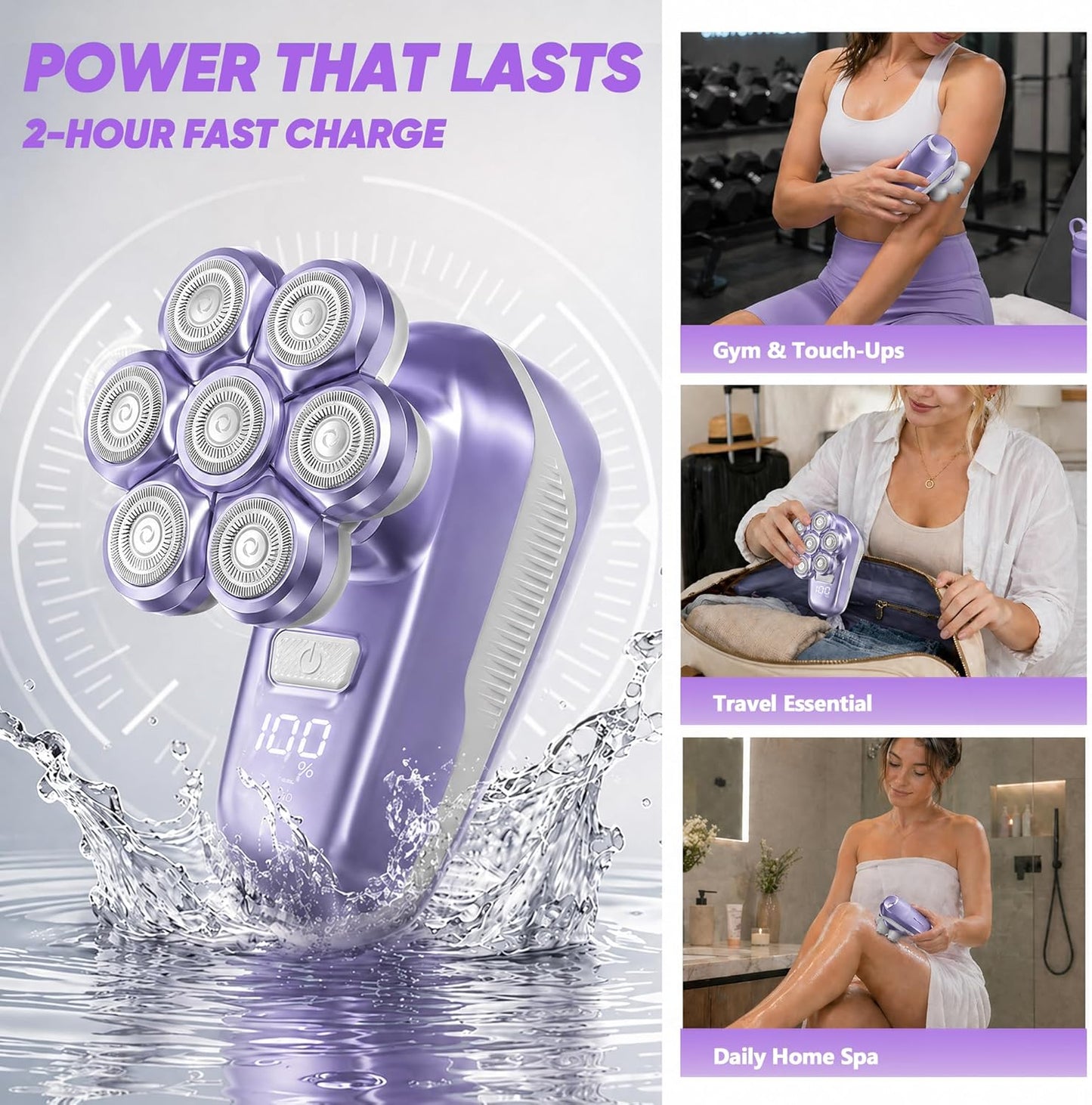 Electric Shaver for Women - 7D Magnetic Heads, Waterproof Wet/Dry Razor | USB Rechargeable, Purple