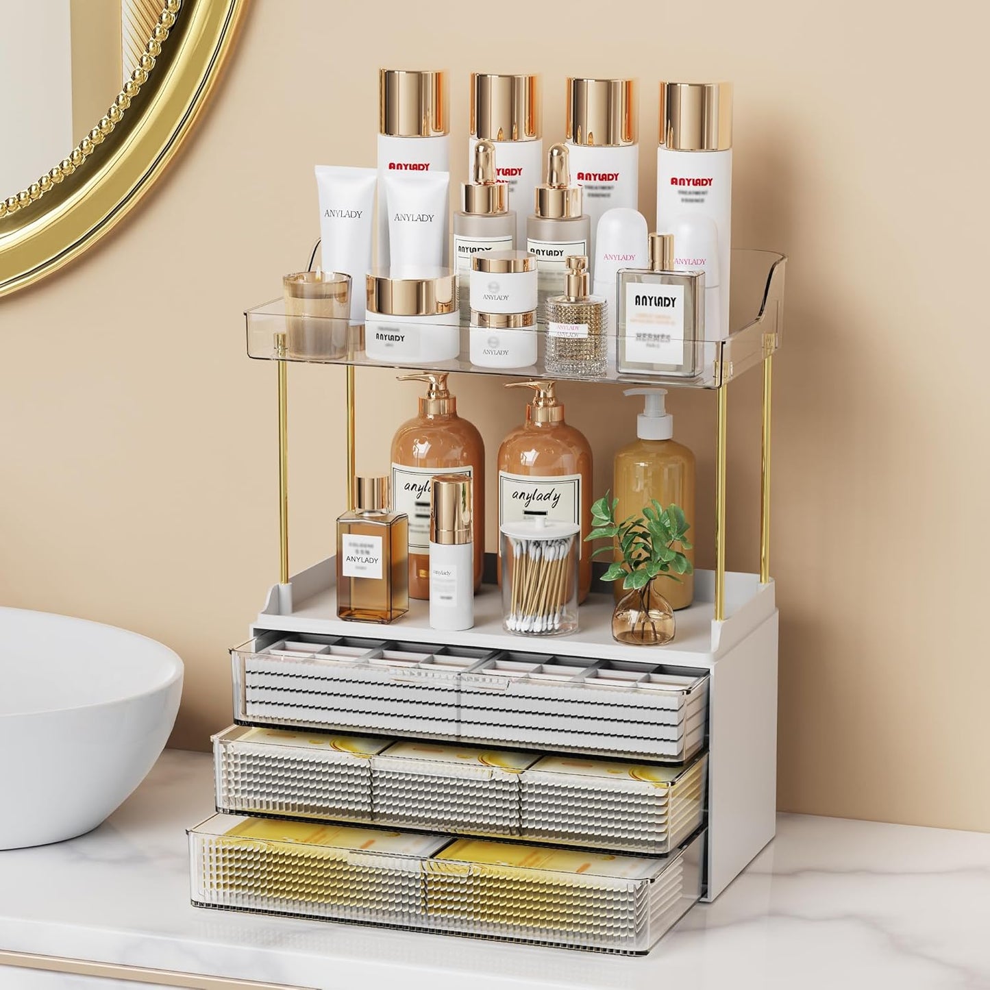 Bathroom Organizer - Sturdy Makeup Storage for Vanity & Countertop | Gold Cosmetic Dresser Organizer