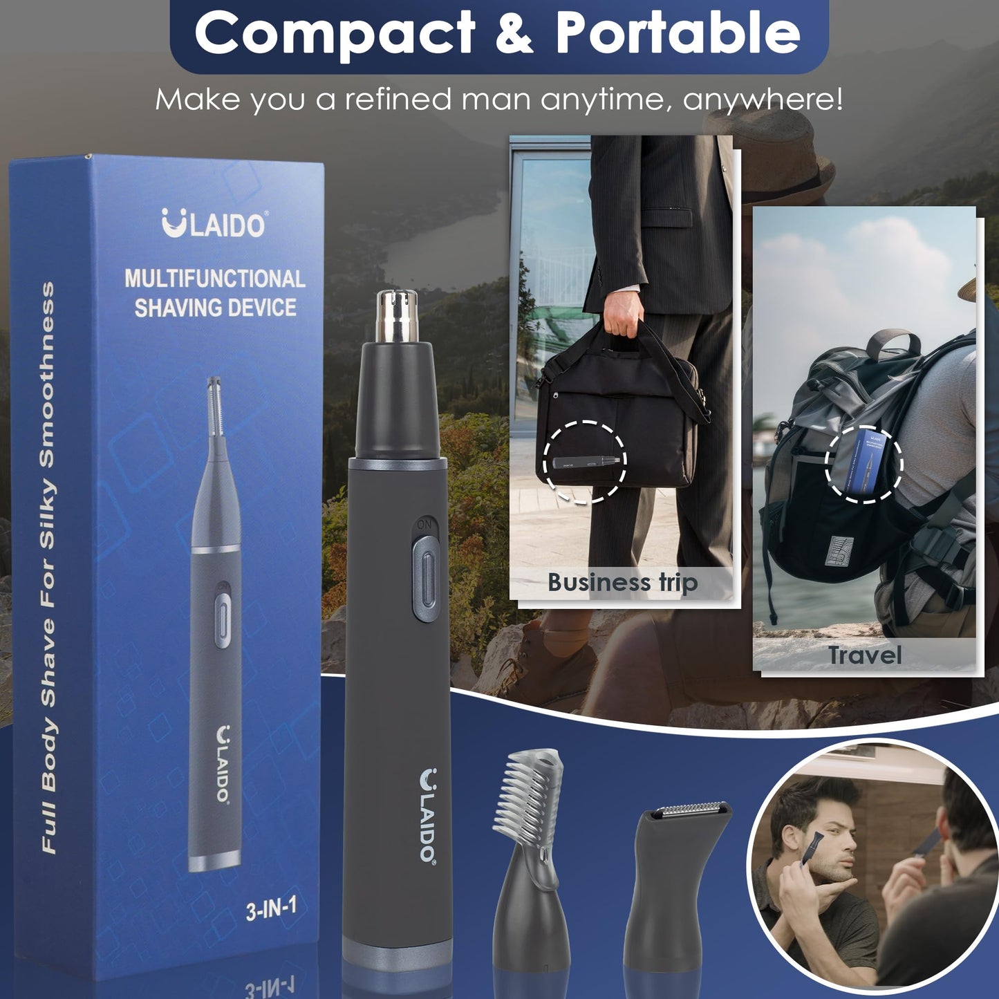 ULAIDO Nose Hair Trimmer for Men, Painless 3 in 1 Grooming Kit for Nose, Ear, Eyebrow & Body Hair, Rechargeable No Pull No Snag Trimming with 3 Waterproof Replacement Heads, Easy Cleansing