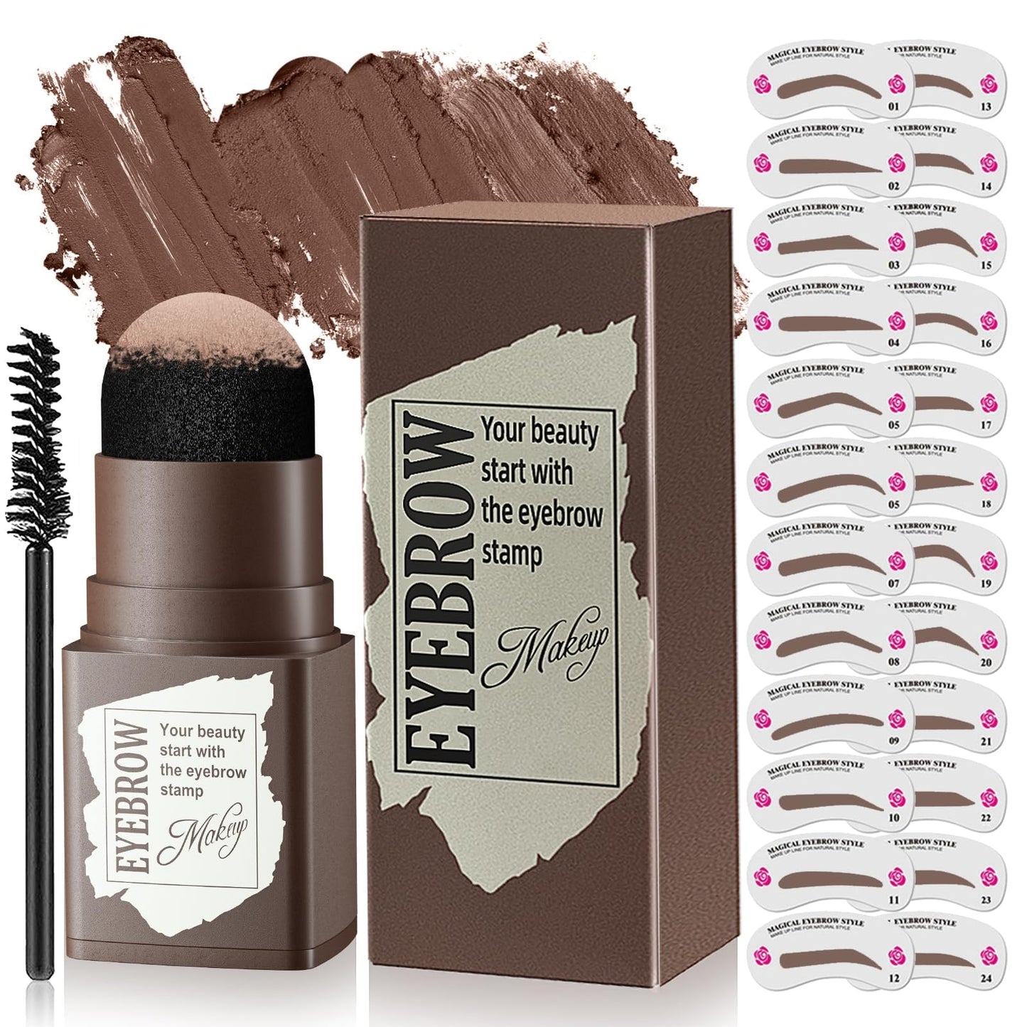 Eyebrow Stamp Stencil Kit, Brow Stencil and Stamp Kit Smudge-Proof & Long-lasting & Waterproof, 24 Reusable and Washable Eyebrow Kit for Thin & Thick Brow (Dark Brown)