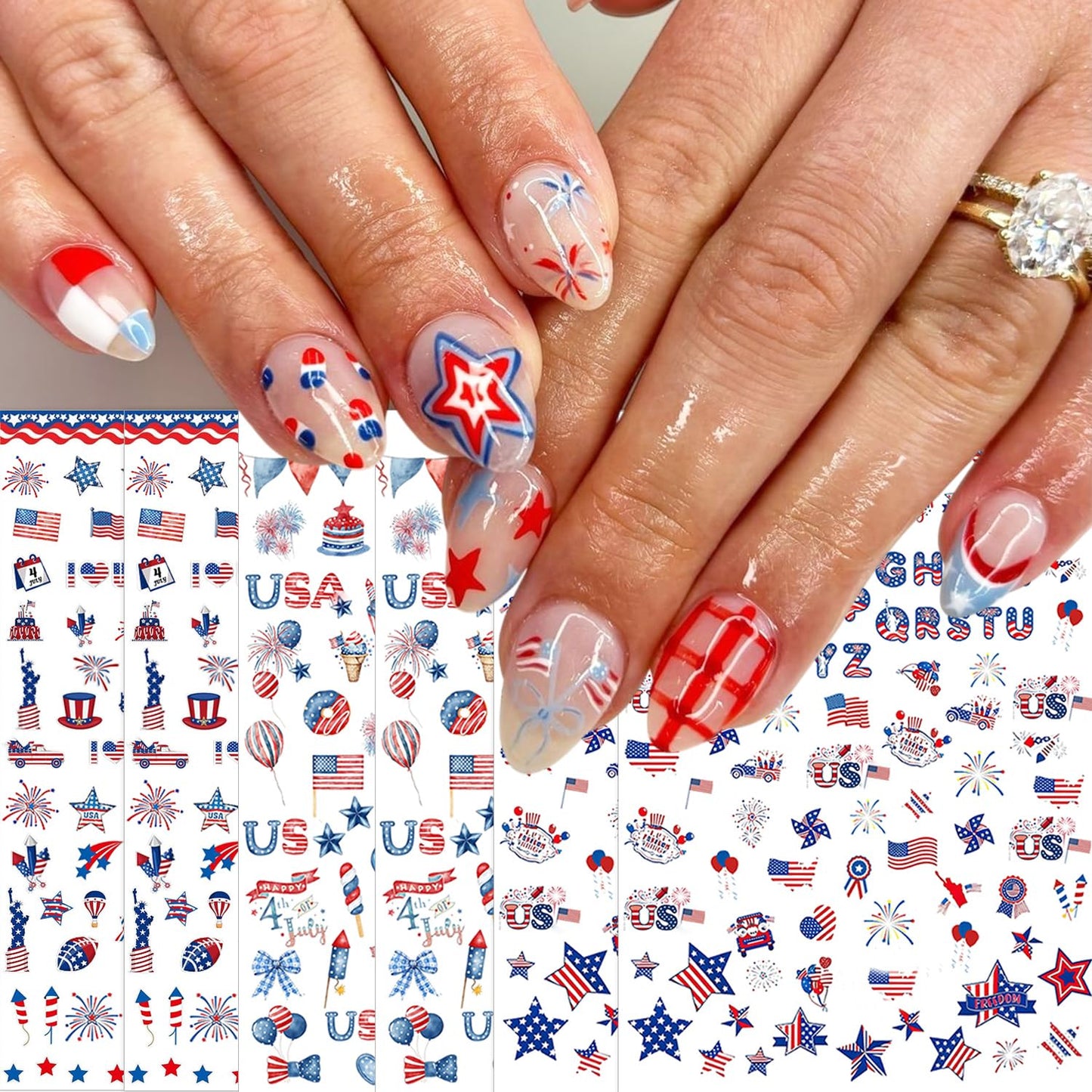 6 Sheets 4th of July Nail Stickers for Nail Art 3D Self-Adhesive Independence Day Nail Decals American Flag Stars Letters USA Nail Art Stickers Fourth of July Nail Design Nail Art Supplies for Women