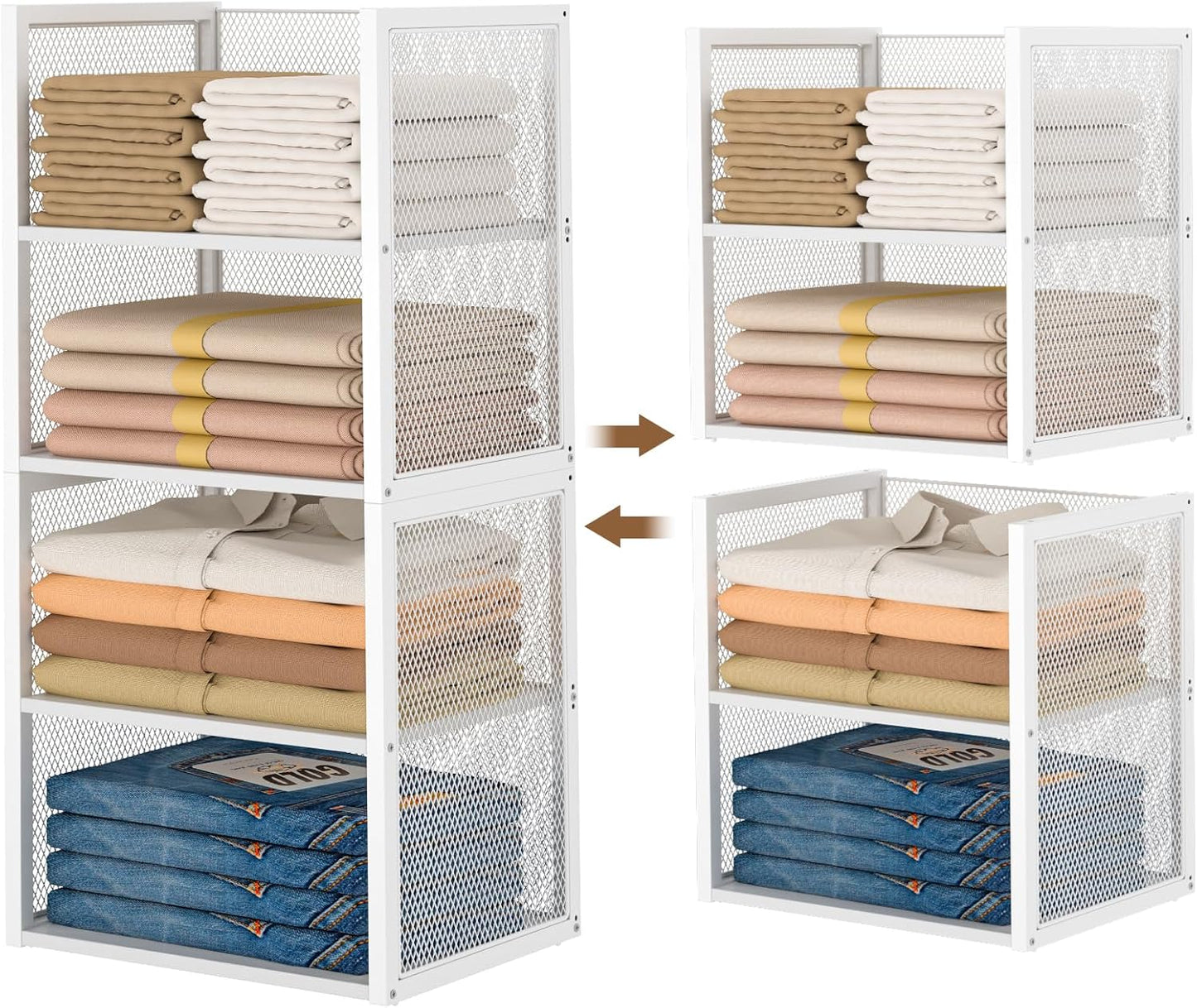 4-Tier Stackable Closet Organizer - Multifunctional Wire Storage Bins for Wardrobe, Kitchen & Laundry | White