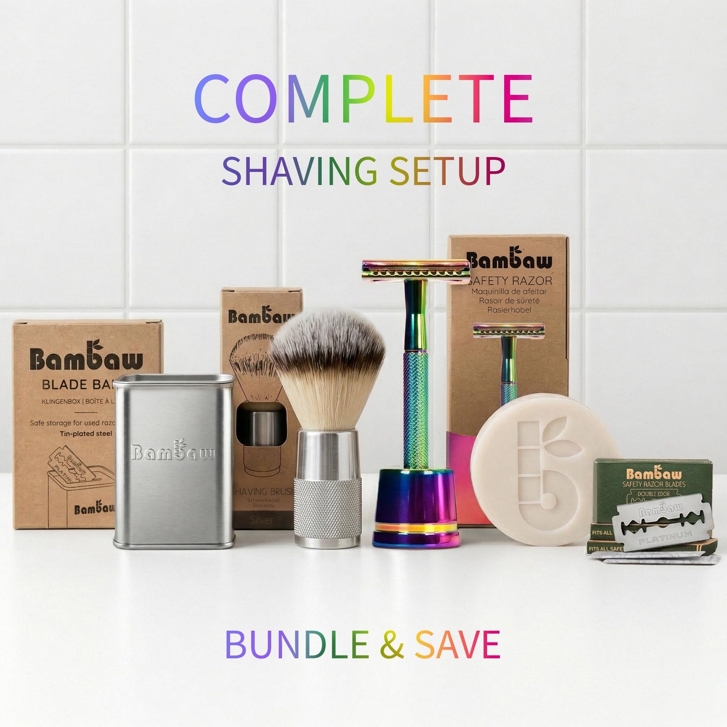 Bambaw Double Edge Safety Razor with 5 Safety Razor Blades, Women & Men’s Safety Shaving Razor, Reusable Razor, Plastic Free – Rainbow