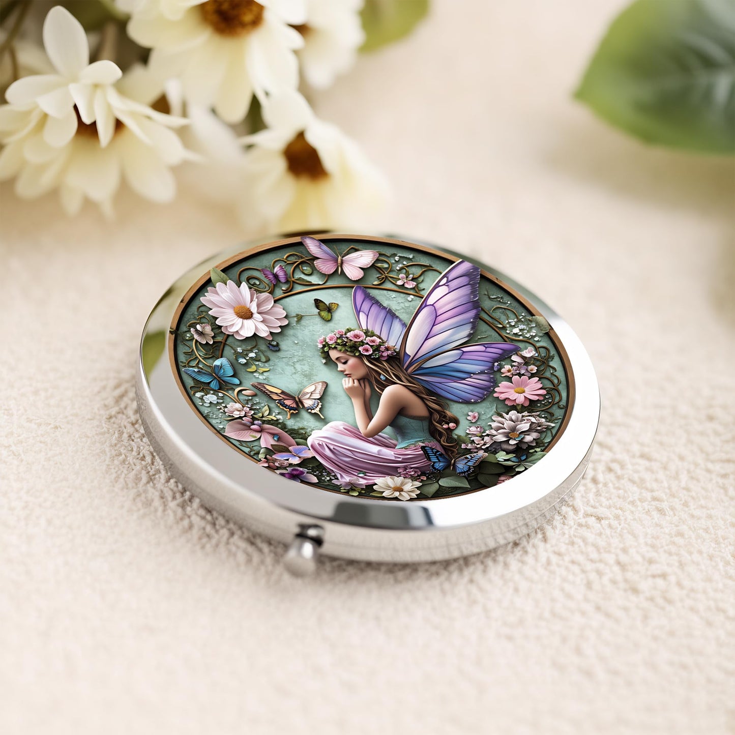 Silver Compact Mirror, 2.8x2.8inch Double-Sided Folding Makeup Mirror with Flower Fairy with Wings Design, Ideal Gift for Women