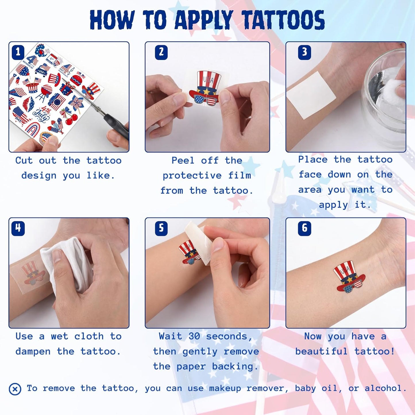 105PCS 4th of July Temporary Tattoos | Patriotic USA Flag Stickers for Kids & Adults - Red, White & Blue Party Favors