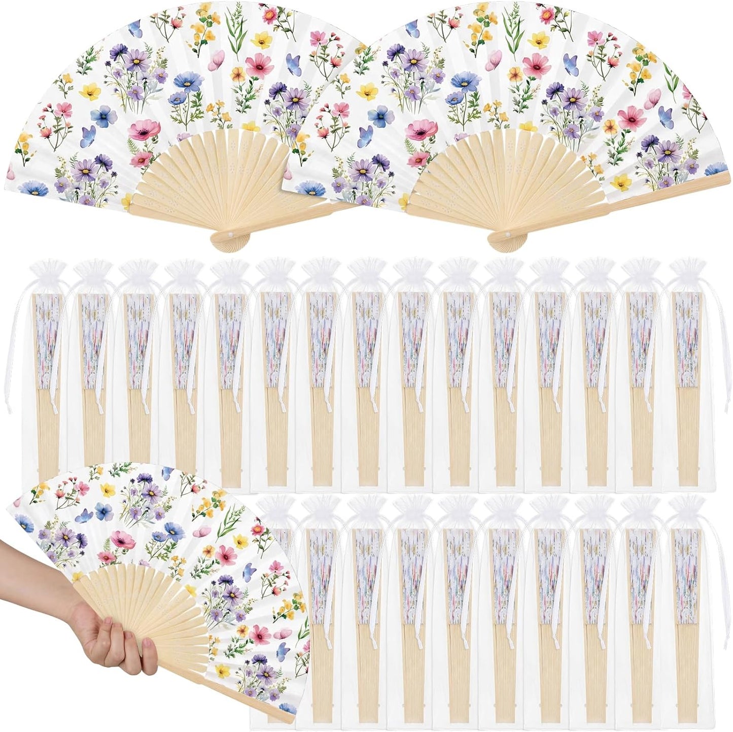 Wildflower Folding Hand Fan Set - 25 Vintage Paper Fans with Organza Bags | Perfect for Weddings & Tea Parties