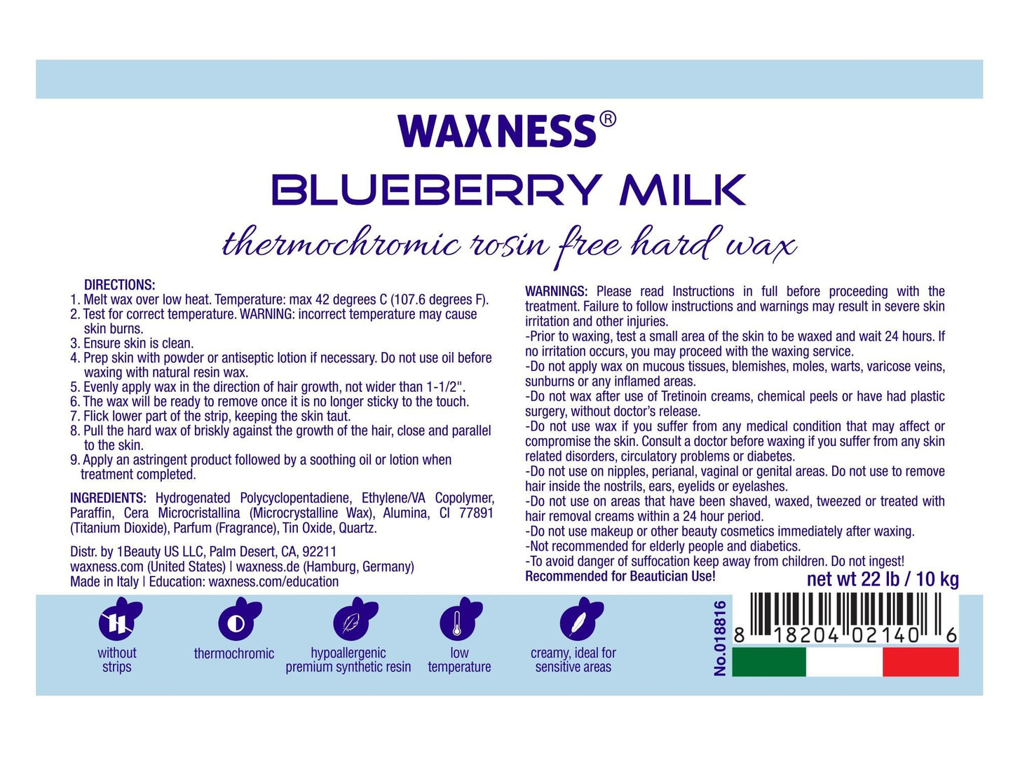 Waxness Blueberry Milk Thermochromic Hard Wax Beads Bulk 22 lb (10 kg), Rosin-Free, Low Temperature, For Sensitive Skin, Salon Use – Made in Italy