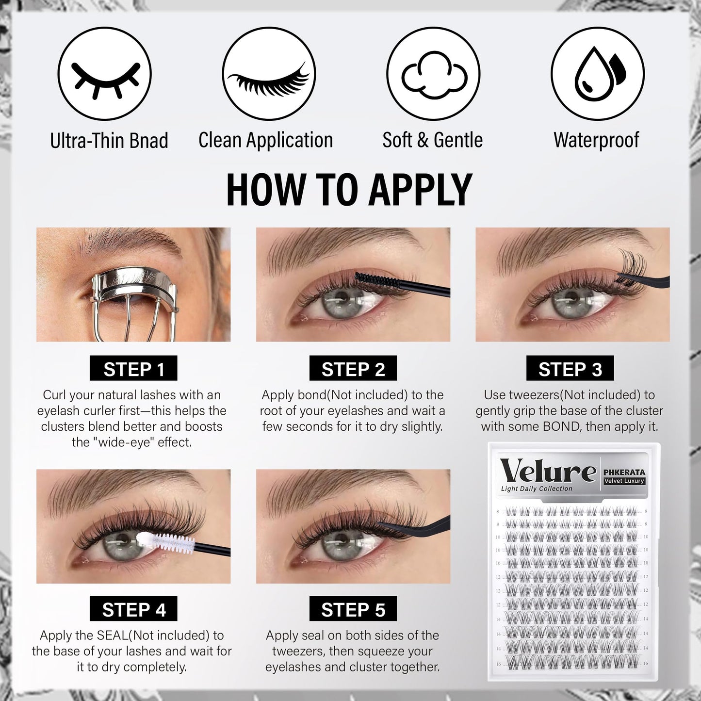 PHKERATA Velure Lash Clusters Kit Natural Eyelash Clusters Wispy Lash Extension Kit Invisible Clear Band Lashes DIY Cluster Eyelash Extensions with Bond and Seal Tweezers, 8-16mm, 120Pcs