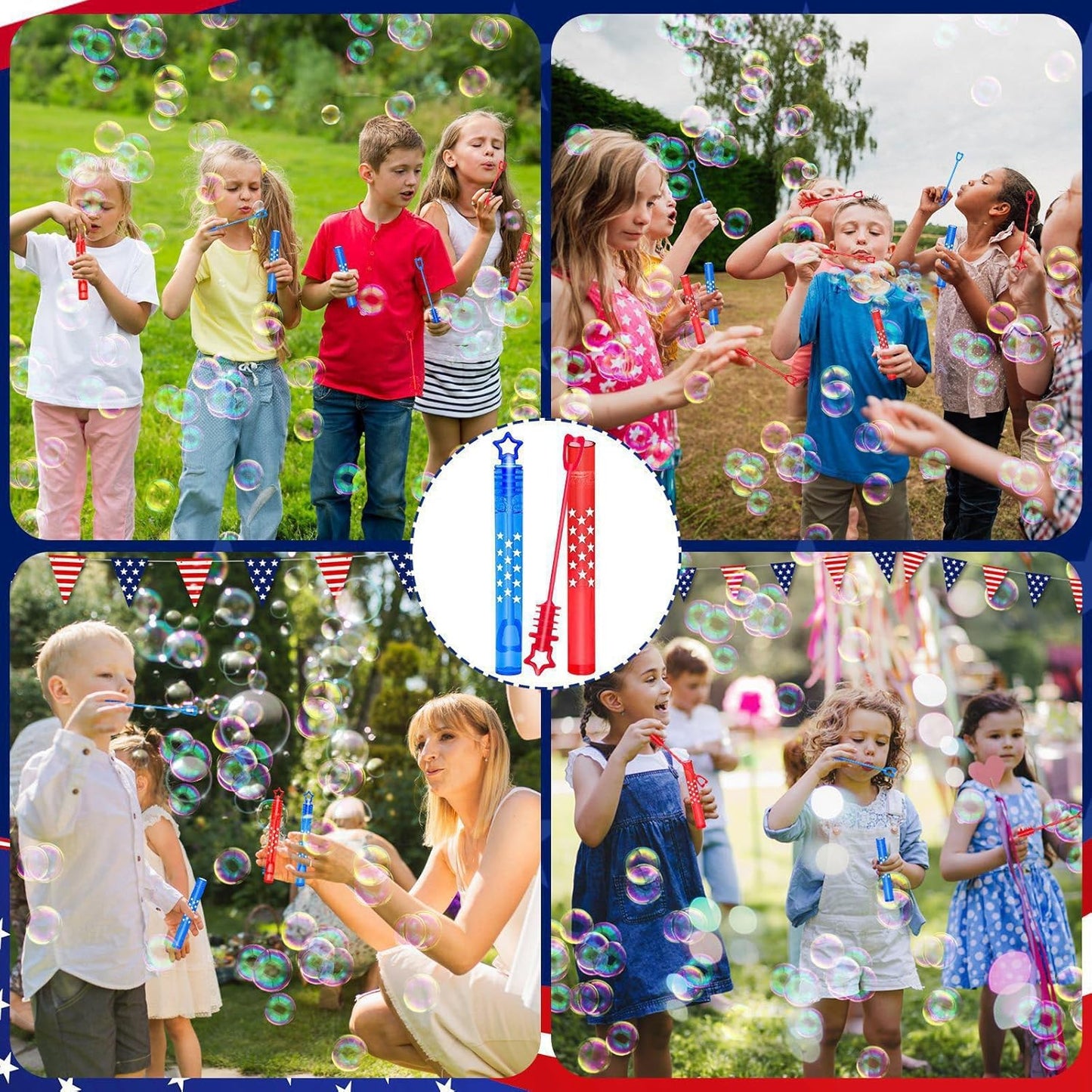 4th of July Party Favors - 100 Mini Bubble Wands | Patriotic Red, White & Blue Bubbles for Kids' Birthday Celebrations