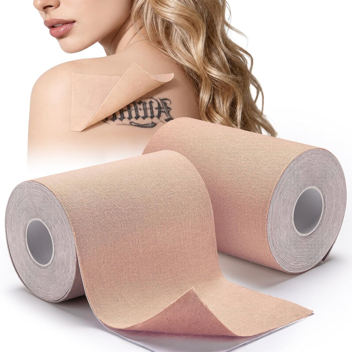 Tattoo Cover Up Tape - 2 Rolls of 3"x16.4ft Water-Resistant Skin Tone Patches | Conceal Tattoos, Scars & Birthmarks - Light Tan
