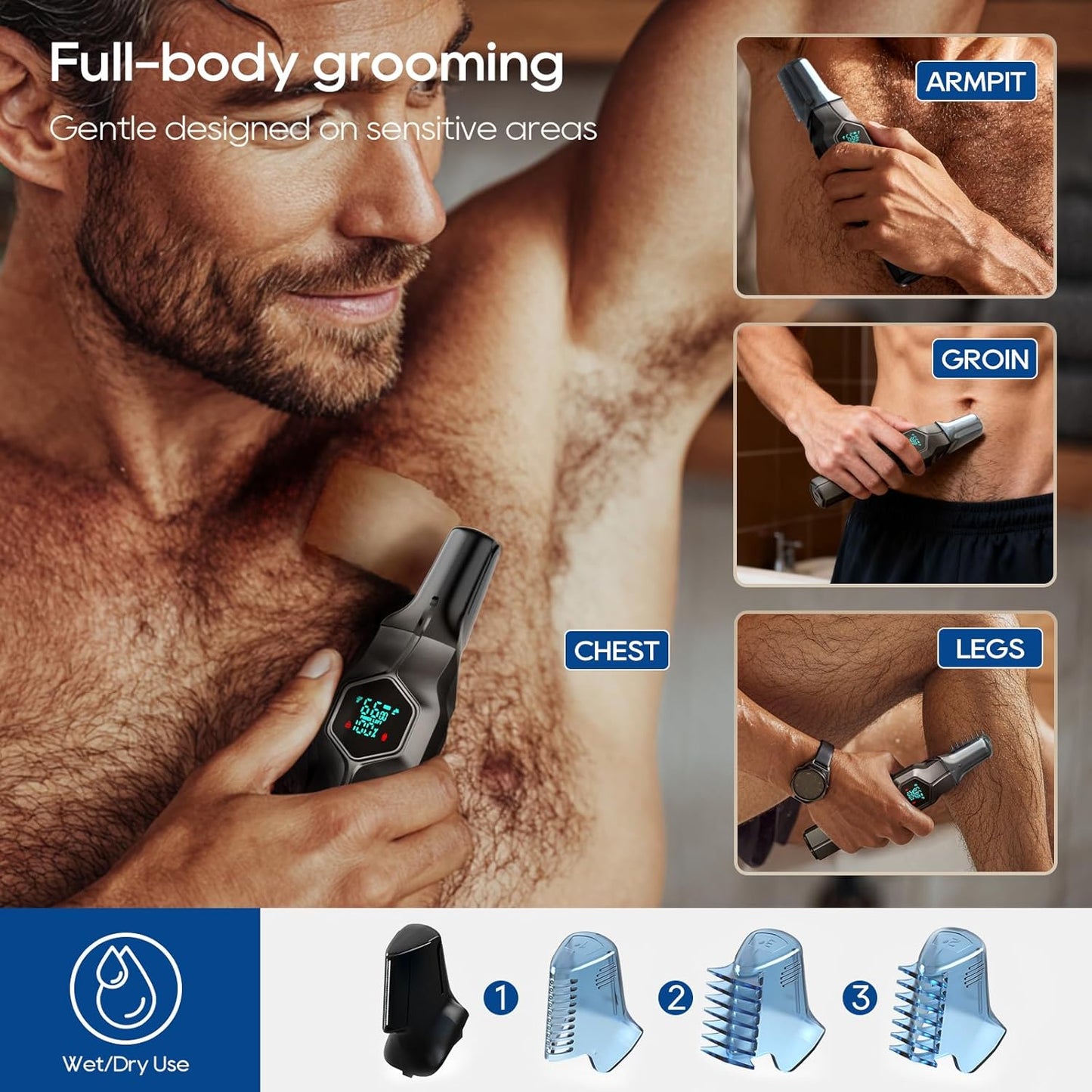 Beard Trimmer for Men - IPX7 Waterproof Cordless Hair Clippers with Magnetic Snap-On Heads | Grooming Kit for Mustache, Body, Face, Ear, Nose - Gray
