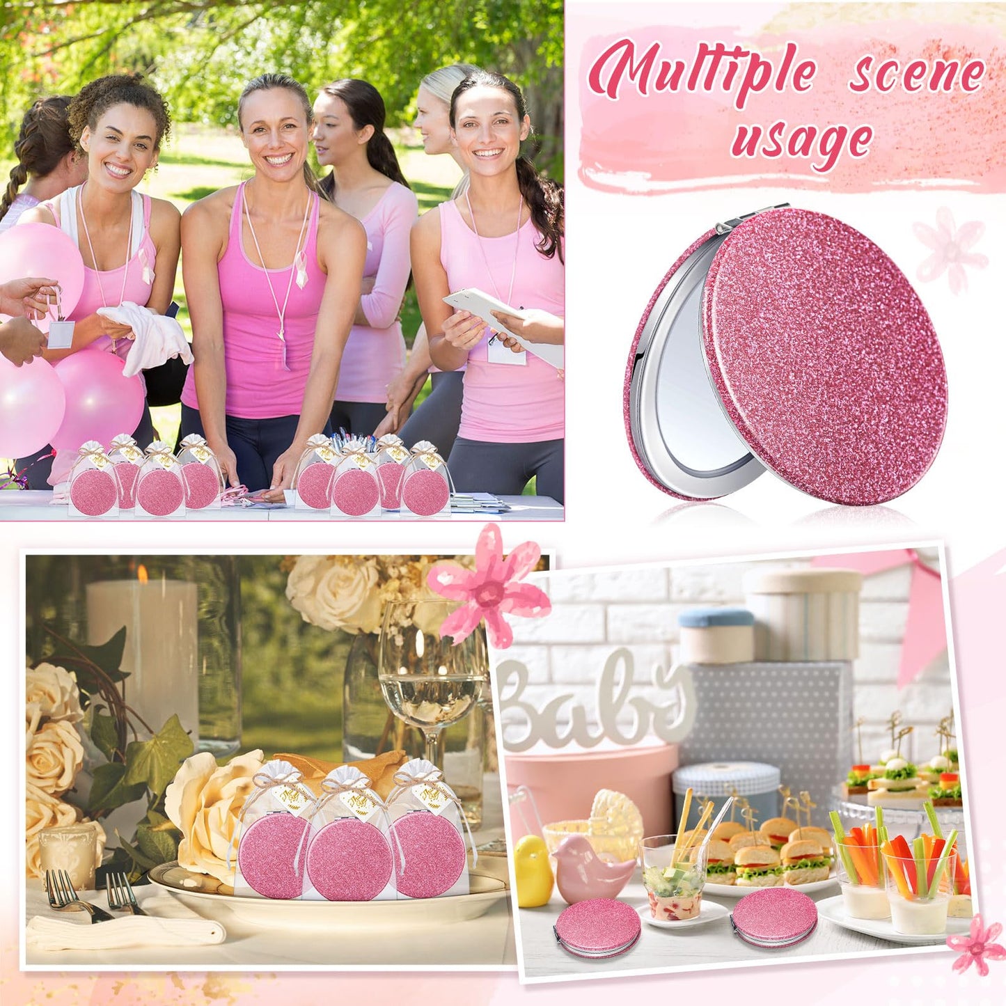 Chunful 30 Set Compact Mirrors Gifts with Thank You Card Quinceanera Party Favors for Guests Women Bridal Shower Wedding Bridesmaids Bachelorette (Pink)