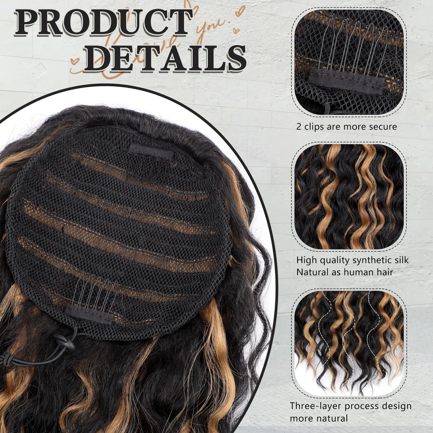AISI BEAUTY Curly Ponytail Extension, Drawstring Ponytail Extension for Black Women Synthetic 20 Inch Clip in Pony tails Hair Extensions Long Curly Wavy Fake Hairpieces for Daily Use(H1B/27)