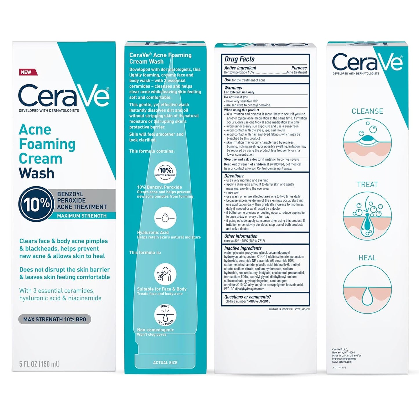 CeraVe Acne Foaming Cream Wash - Gentle Cleanser with 10% Benzoyl Peroxide, Hyaluronic Acid & Niacinamide | 5 Oz