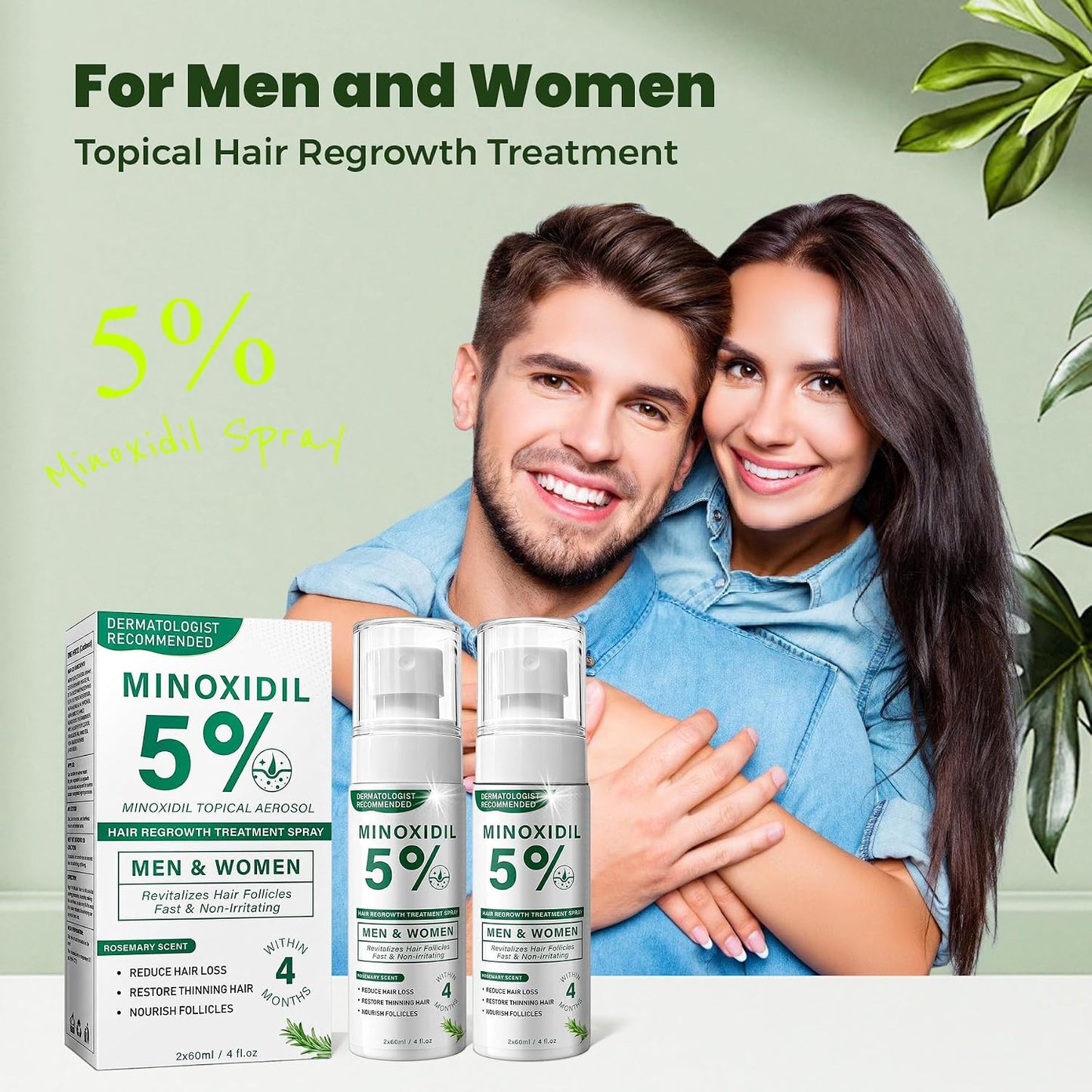 Minoxidil Hair Regrowth Spray for Men & Women - Rosemary Scent | 2 x 60ml Value Pack for Thinning Hair & Receding Hairline
