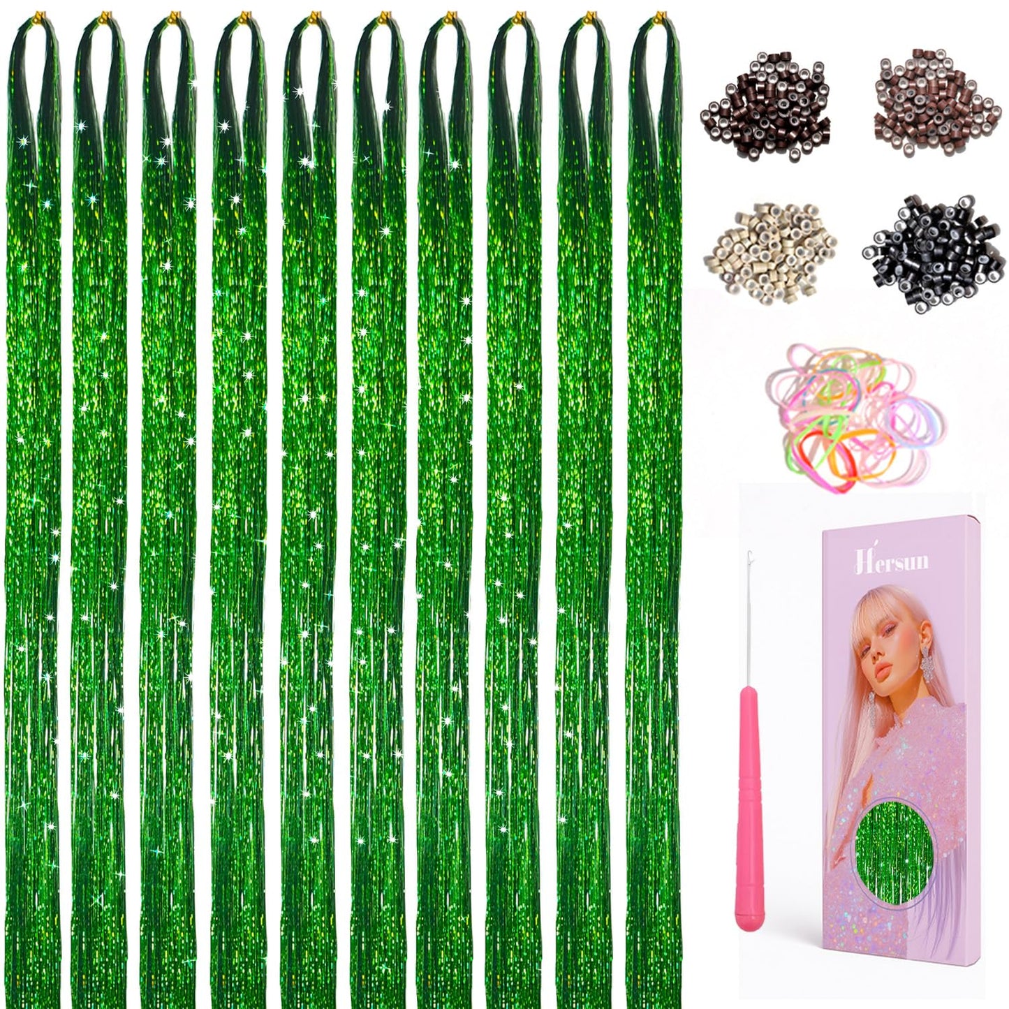 Hersun Hair Tinsel Kit - 10 Colors, 3200 Strands, 48in | Heat-Resistant Fairy Hair Extensions for Parties & Festivals