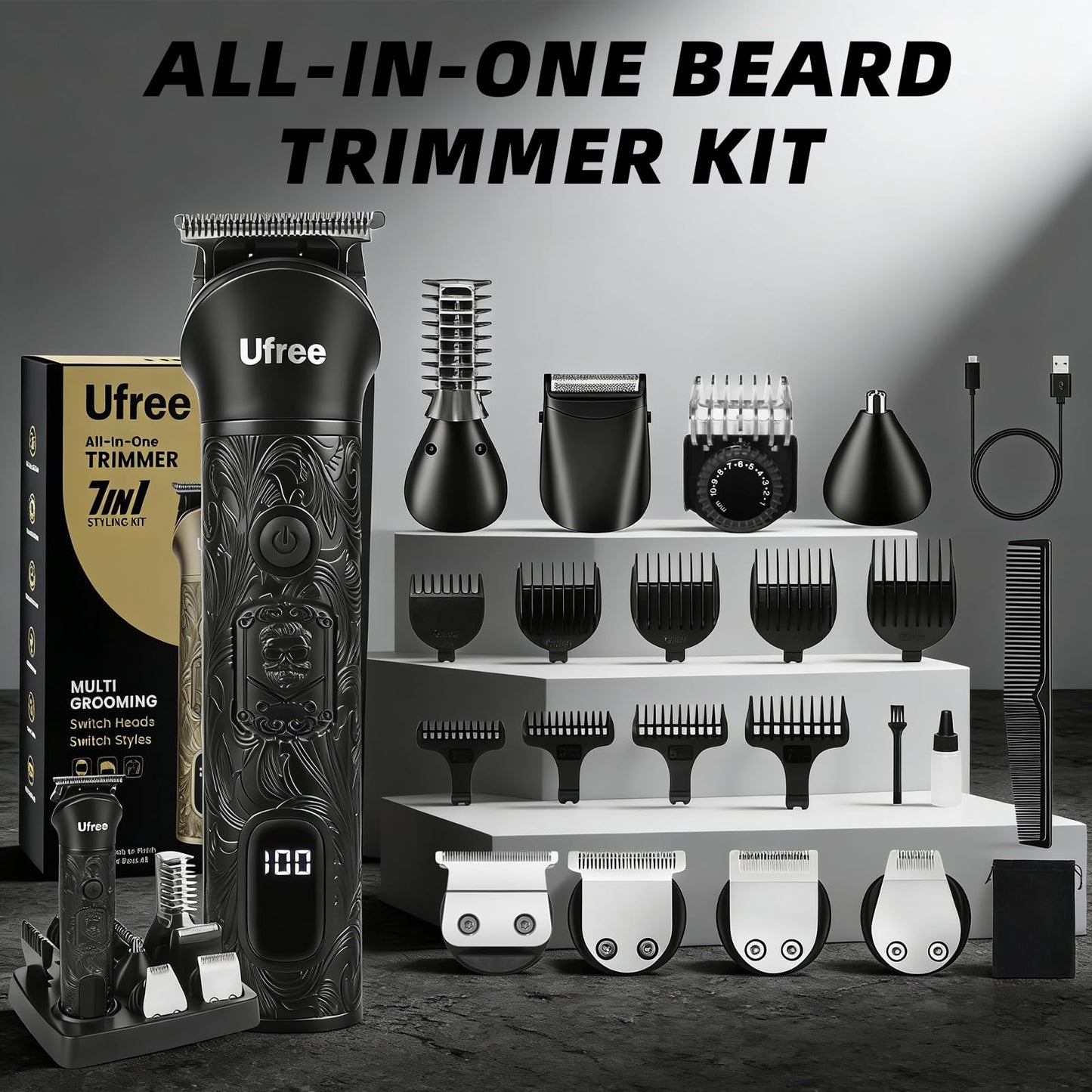 Ufree Beard Trimmer for Men, Electric Razor Shavers, Cordless Hair Clippers, 7 in 1 Beard Grooming Kit for Mustache, Body, Nose and Facial, Gifts for Men
