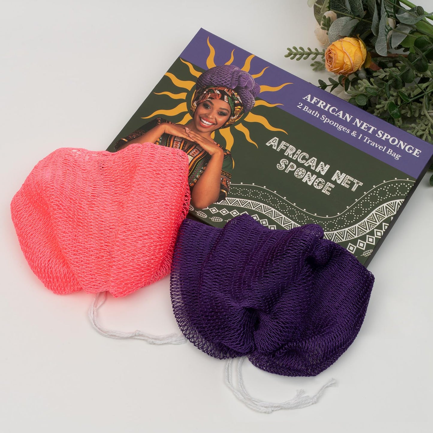 Bathway African Net Sponge Authentic with Handles (Set of 2), African Exfoliating Net Sponge, Exfoliating Body Scrubber Bath Sponge - Bathing Accessories with Storage Bag (Purple & Rose)