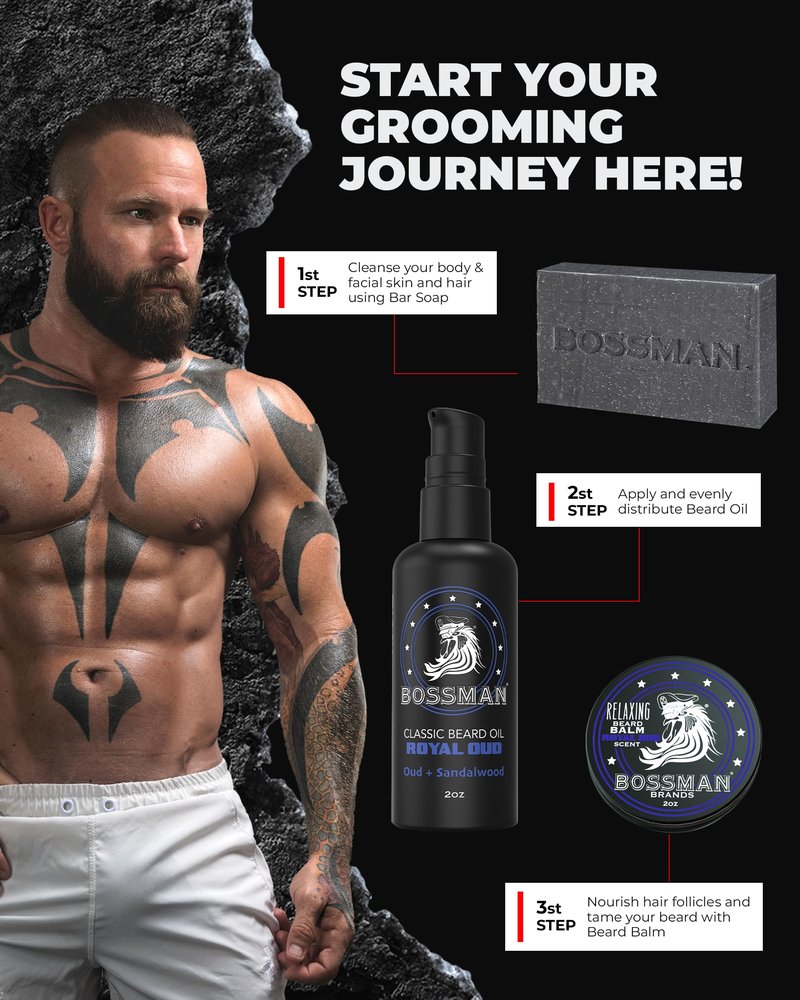 Bossman Starter Beard Kit for Men – Beard Oil (2 oz), Beard Balm & Bar Soap – Natural & Organic Grooming Kit – Made in the USA Men Gift Set (Royal Oud Scent)